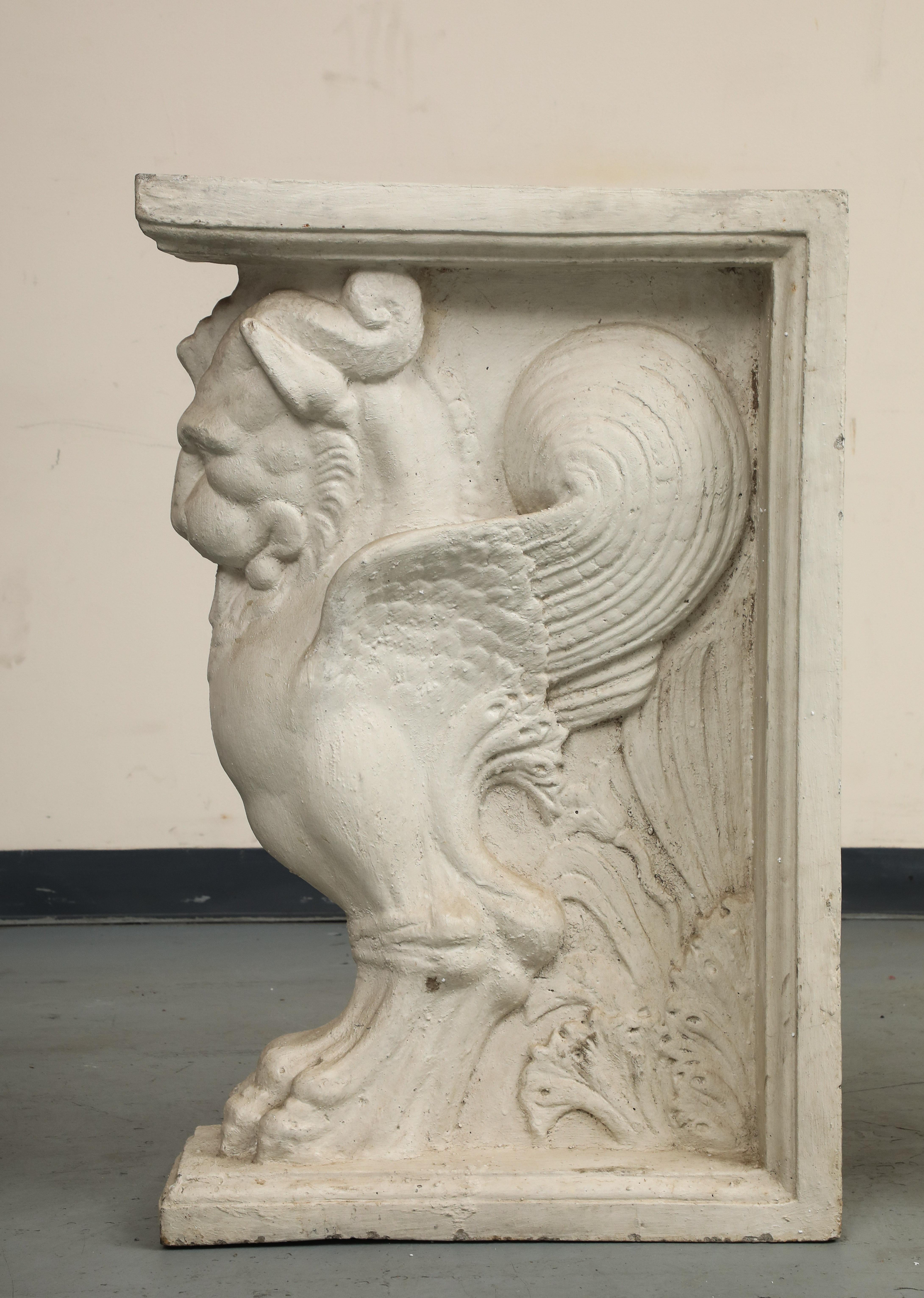 20th C. Console Table Cast Stone Winged Lion Pedestals & Marble Top For Sale 2