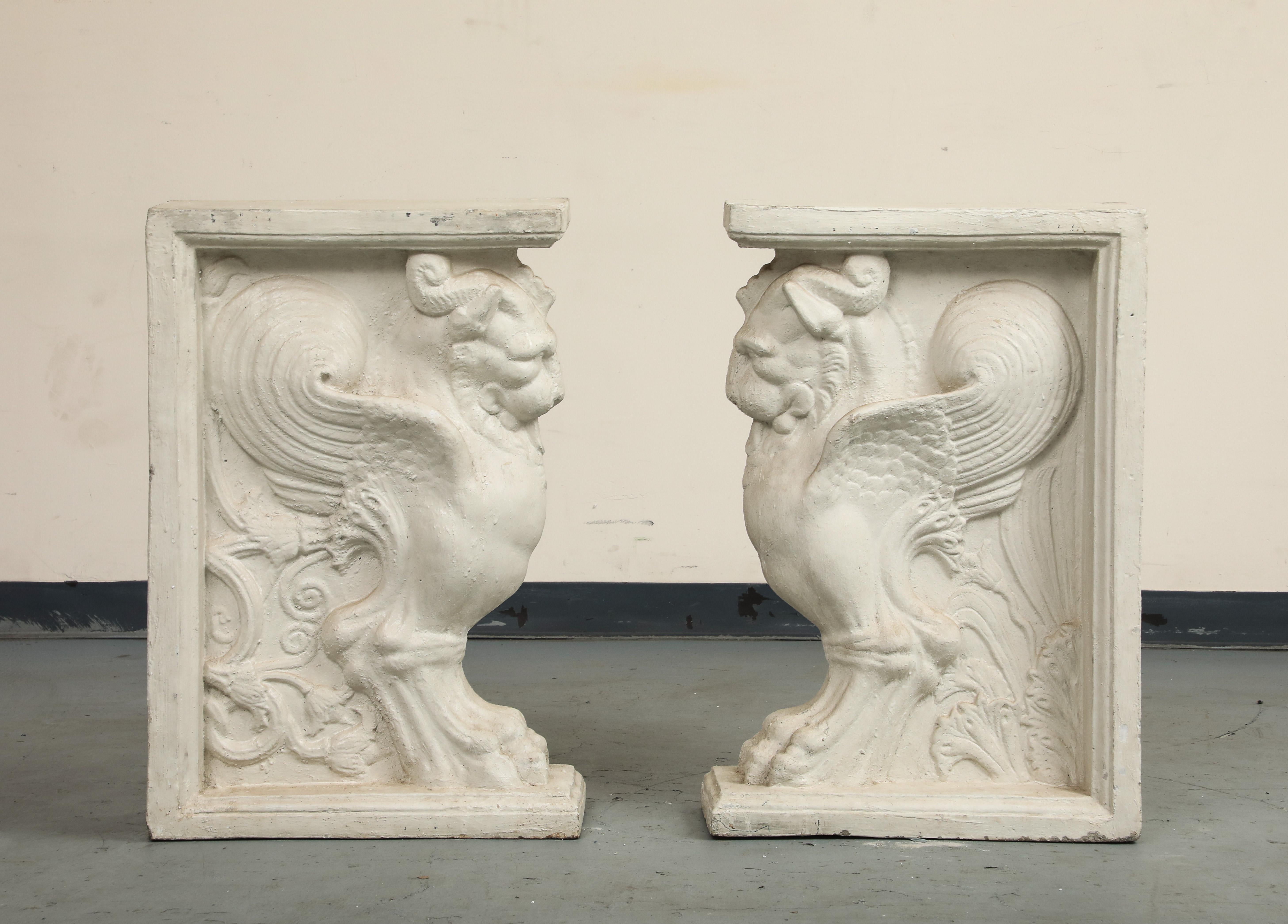 20th C. Console Table Cast Stone Winged Lion Pedestals & Marble Top For Sale 3