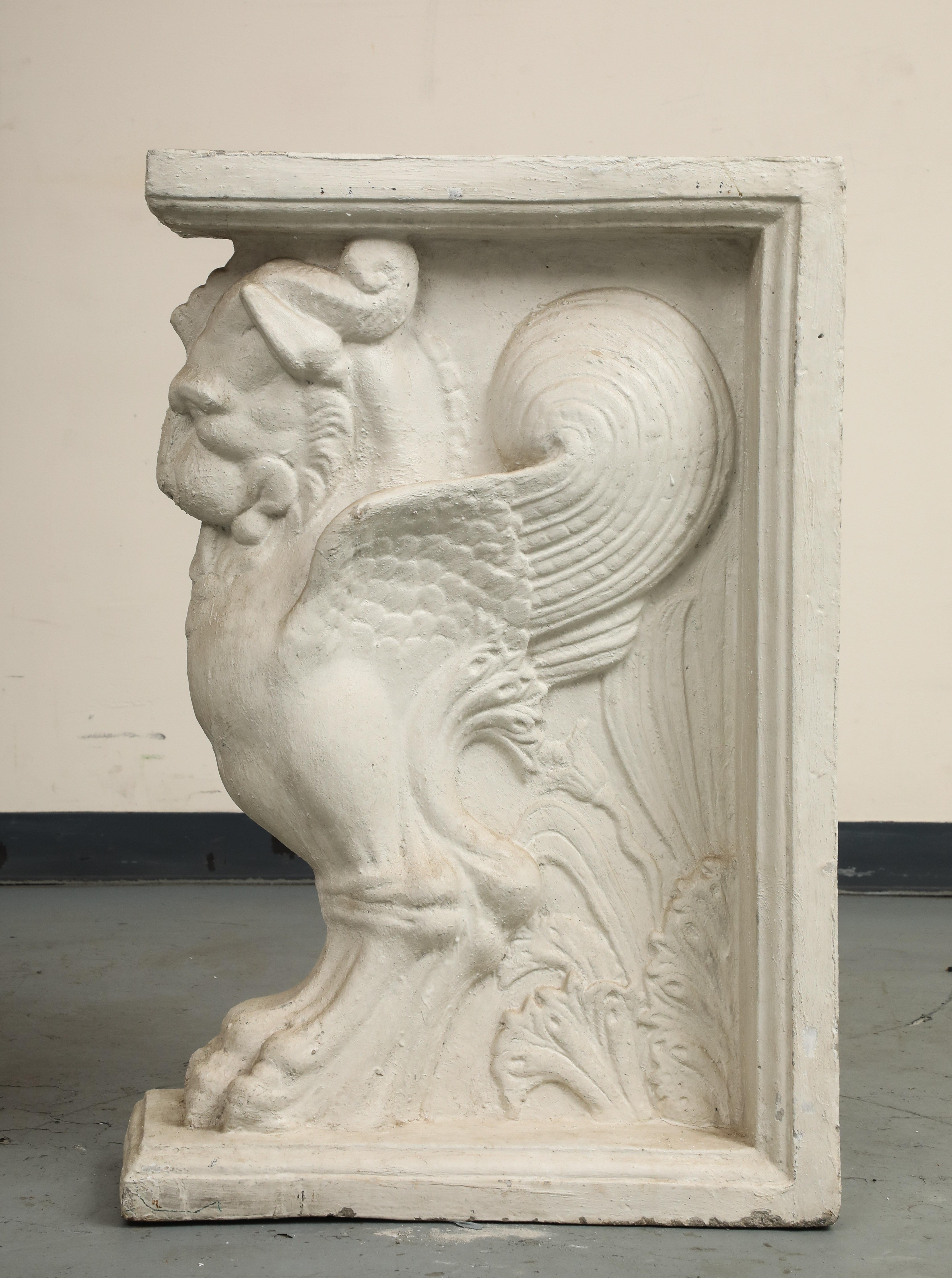 20th C. Console Table Cast Stone Winged Lion Pedestals & Marble Top For Sale 4