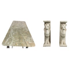 20th C. Console Table Cast Stone Winged Lion Pedestals & Marble Top