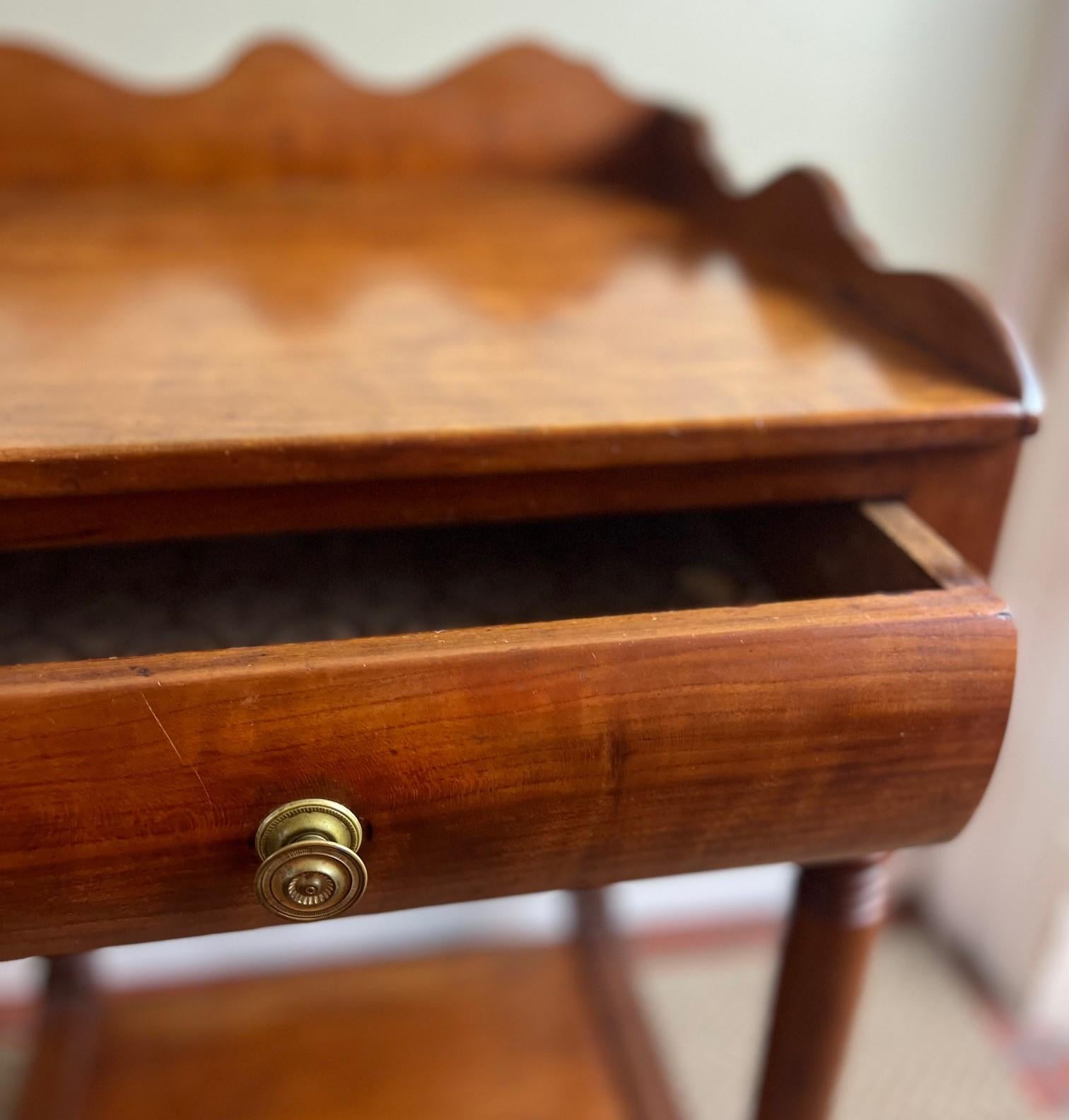 Brass 20th C. Country Night Stand with Drawer, Bottom Shelf and Scallop Edge Details