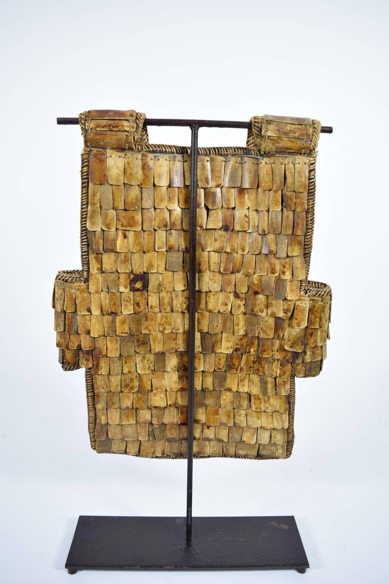 Indonesia, Borneo, Central Kalimantan, Dayak peoples, circa mid-20th century. A woven rattan chest plate adorned with overlapping slabs and discs of turtle and crocodile bone. Two long cords with stone toggles hang down the front.