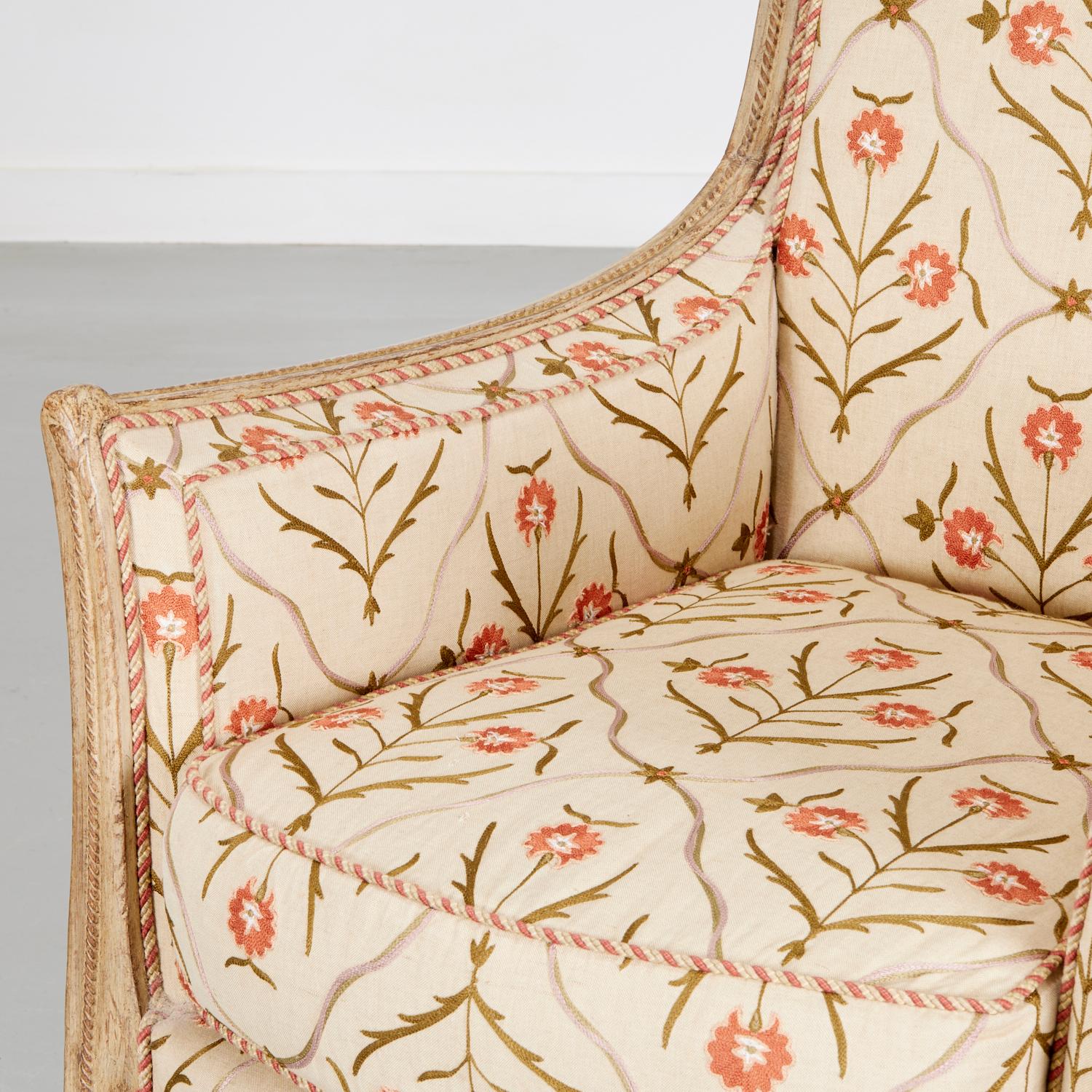 American 20th C. Directoire Style Painted and Floral Crewelwork Upholstered Bregere For Sale