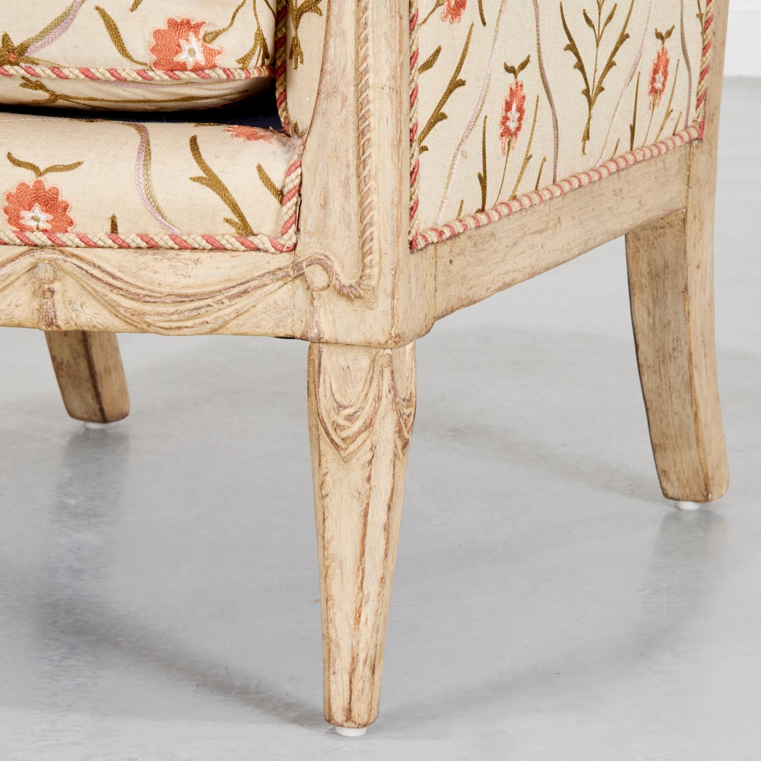 Late 20th Century 20th C. Directoire Style Painted and Floral Crewelwork Upholstered Bregere For Sale
