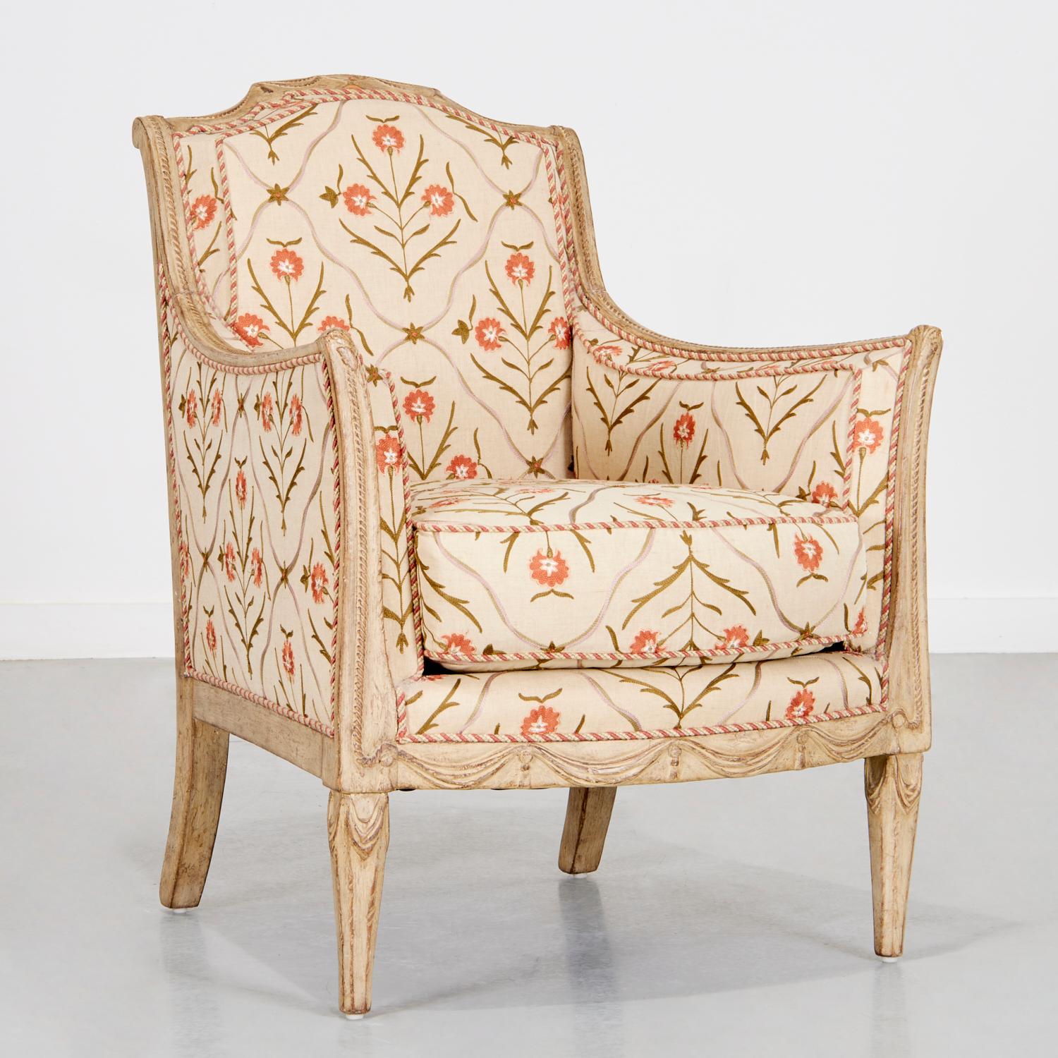 20th C. Directoire Style Painted and Floral Crewelwork Upholstered Bregere For Sale 2