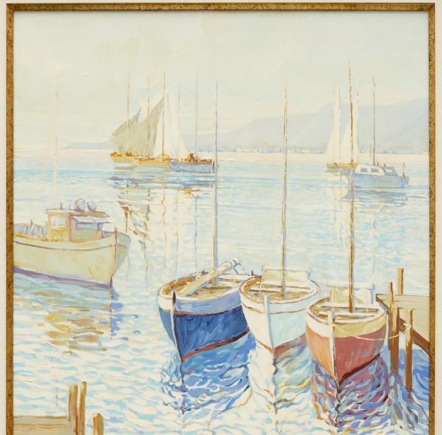 American Classical 20th C. Docked Sailboats Impressionist Painting, Oil on Canvas, Anatoly Shlapak For Sale