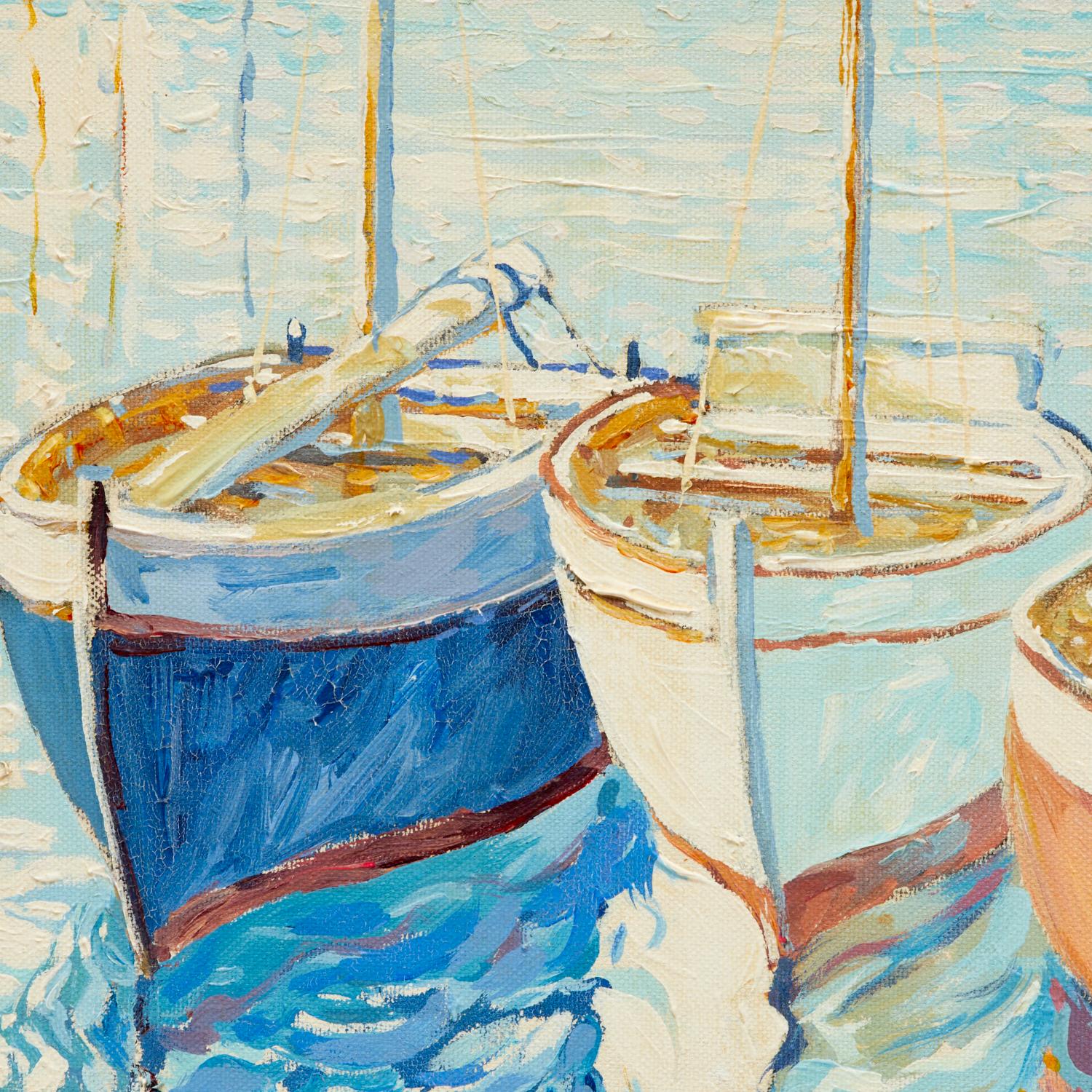 Nord-américain Peinture impressionniste - Voiliers à quai du 20e siècle, huile sur toile, Anatoly Shlapak en vente