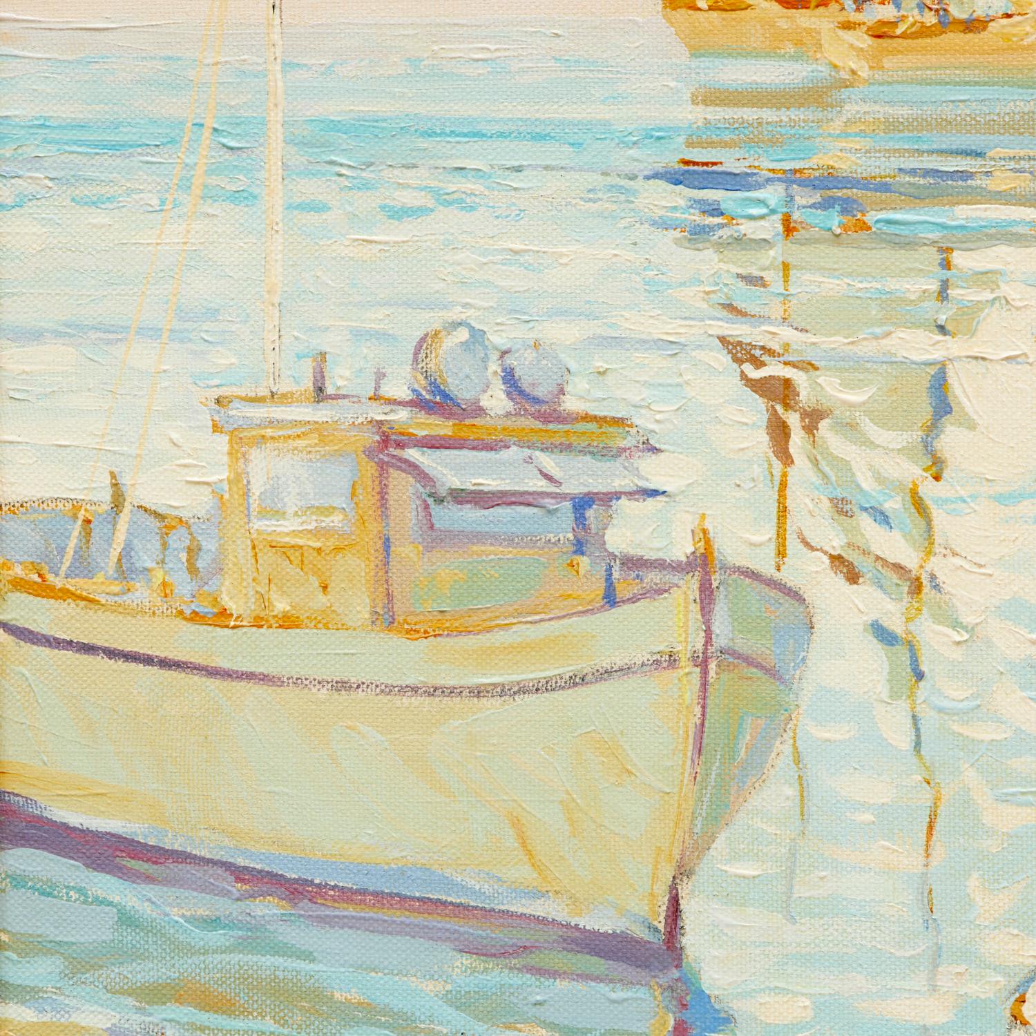 Hand-Painted 20th C. Docked Sailboats Impressionist Painting, Oil on Canvas, Anatoly Shlapak For Sale
