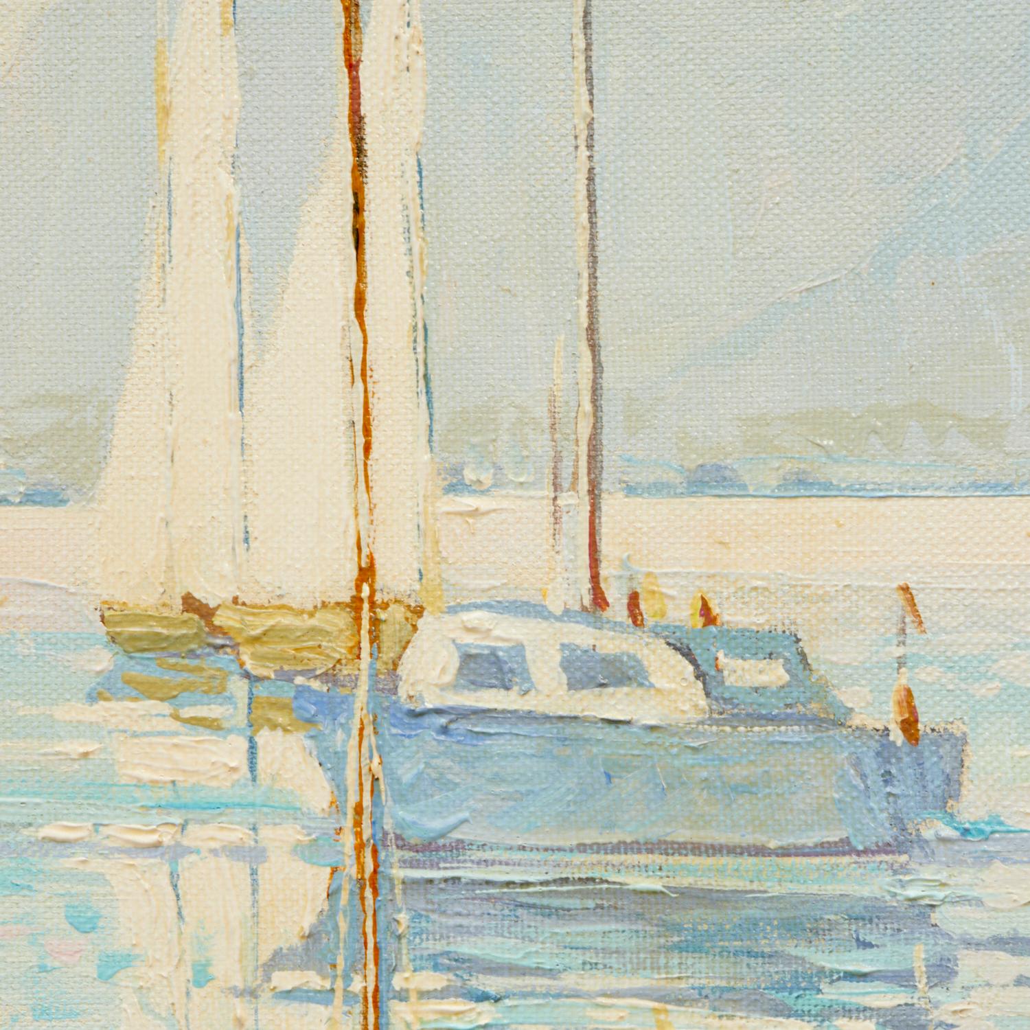 20th C. Docked Sailboats Impressionist Painting, Oil on Canvas, Anatoly Shlapak In Good Condition For Sale In Morristown, NJ
