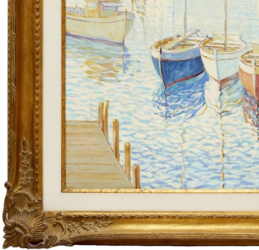 Fin du 20e siècle Peinture impressionniste - Voiliers à quai du 20e siècle, huile sur toile, Anatoly Shlapak en vente