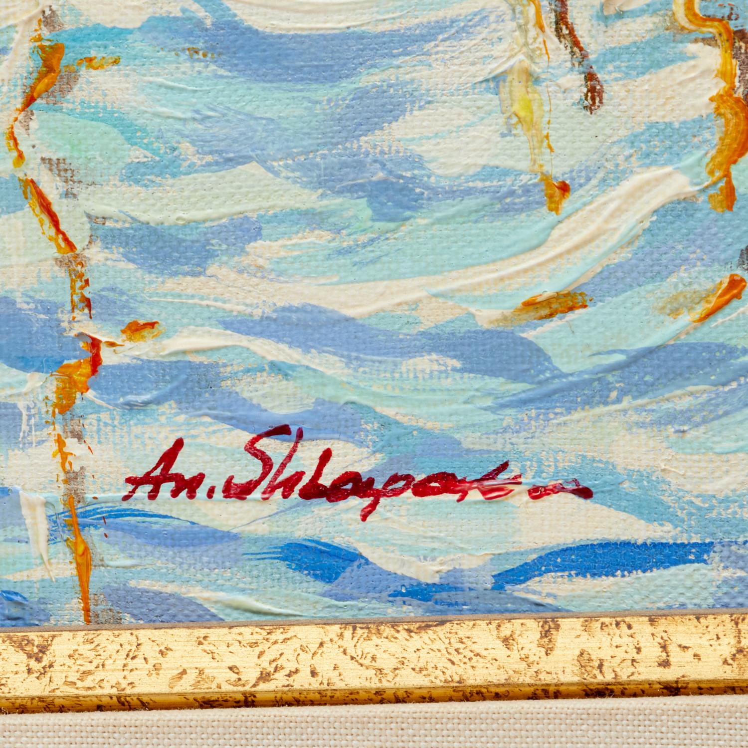 Toile Peinture impressionniste - Voiliers à quai du 20e siècle, huile sur toile, Anatoly Shlapak en vente