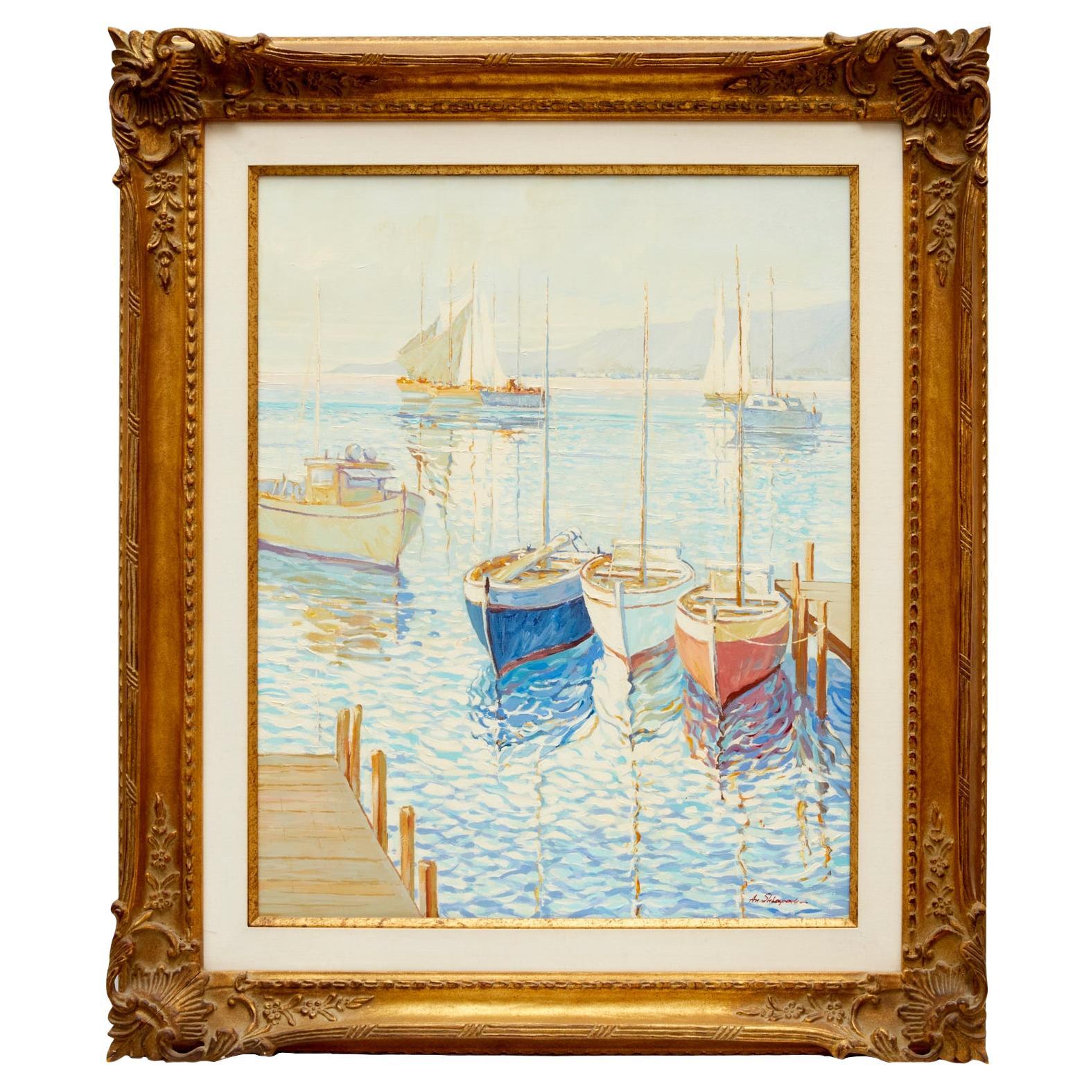 20th C. Docked Sailboats Impressionist Painting, Oil on Canvas, Anatoly Shlapak