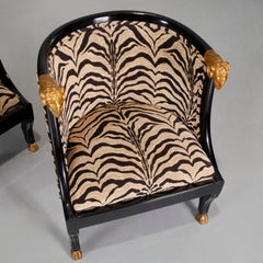 20th C. Empire Style Black Lacquered Parcel Gilt Zebra Print Bergeres, a Pair