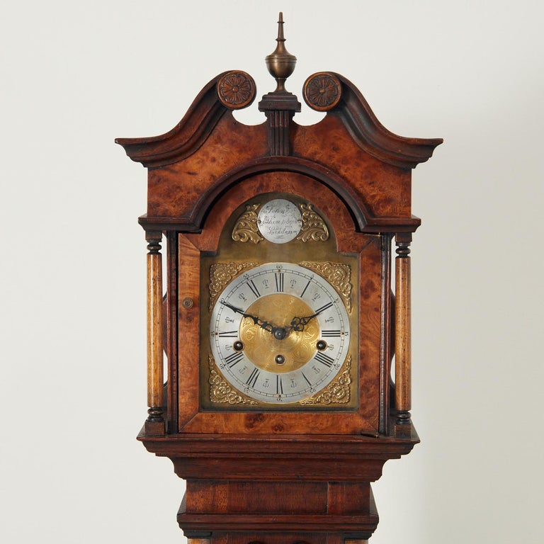 20th C English Mahogany and Walnut Grandmother Clock with Le Rose