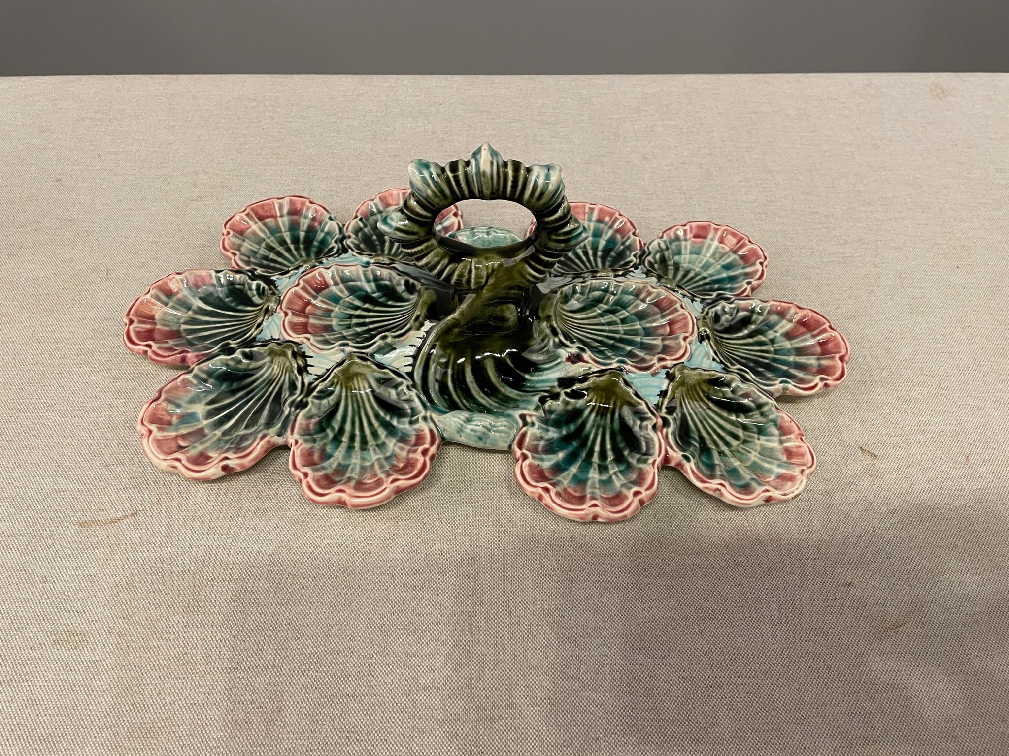 20th C. English Majolica Twelve Wells Oyster Platter For Sale 3