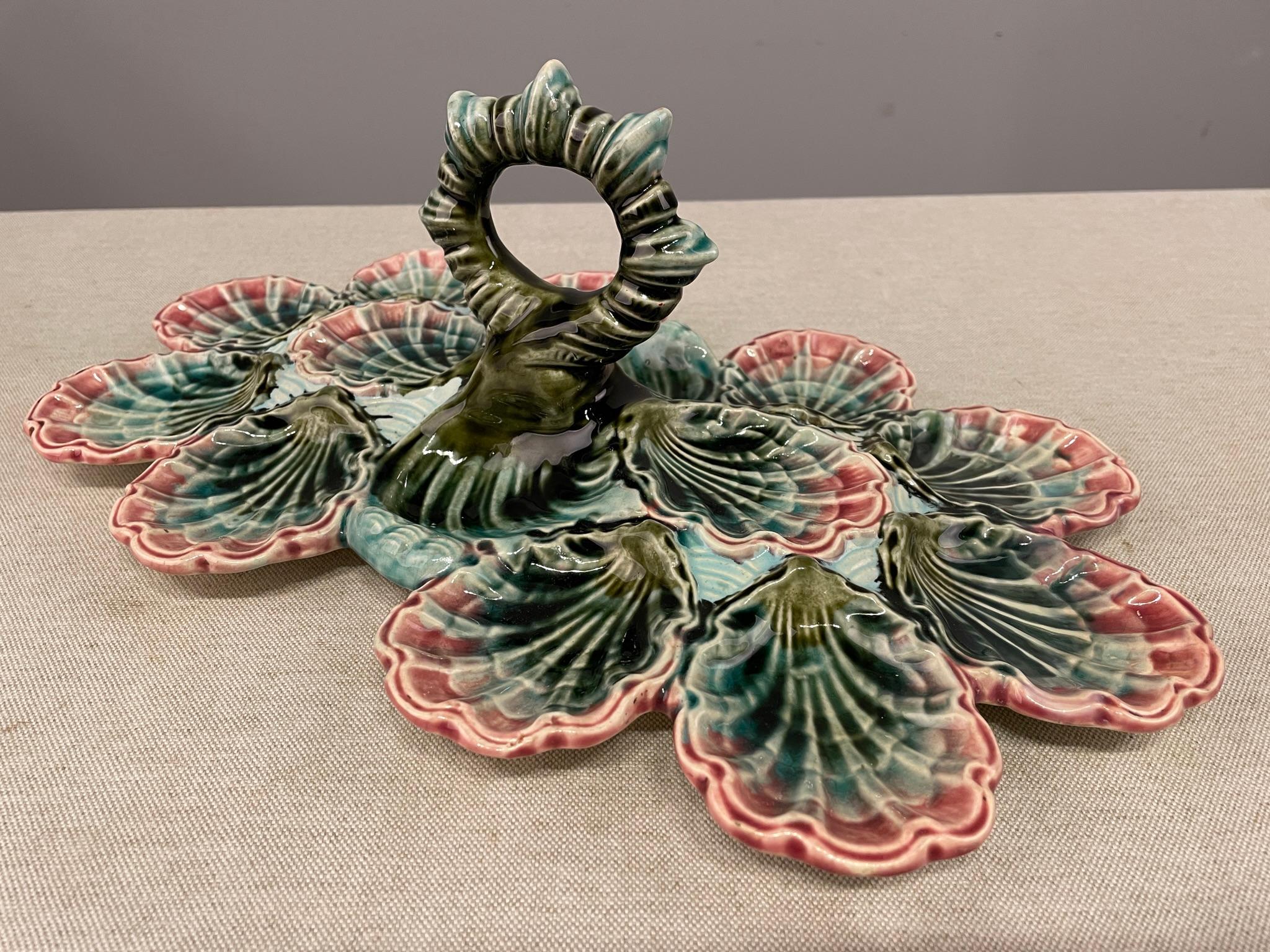 20th C. English Majolica Twelve Wells Oyster Platter For Sale 1