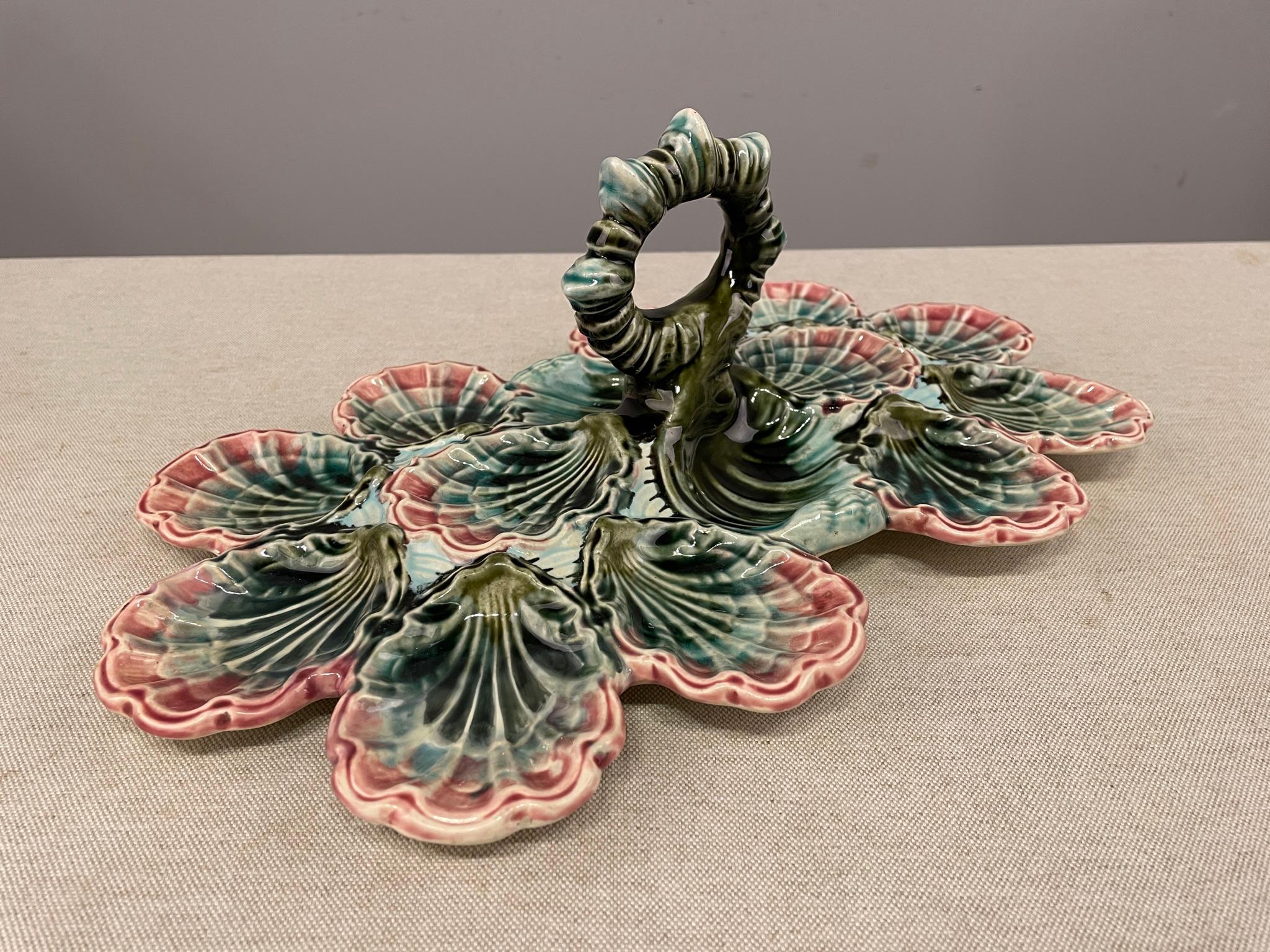20th C. English Majolica Twelve Wells Oyster Platter For Sale 2