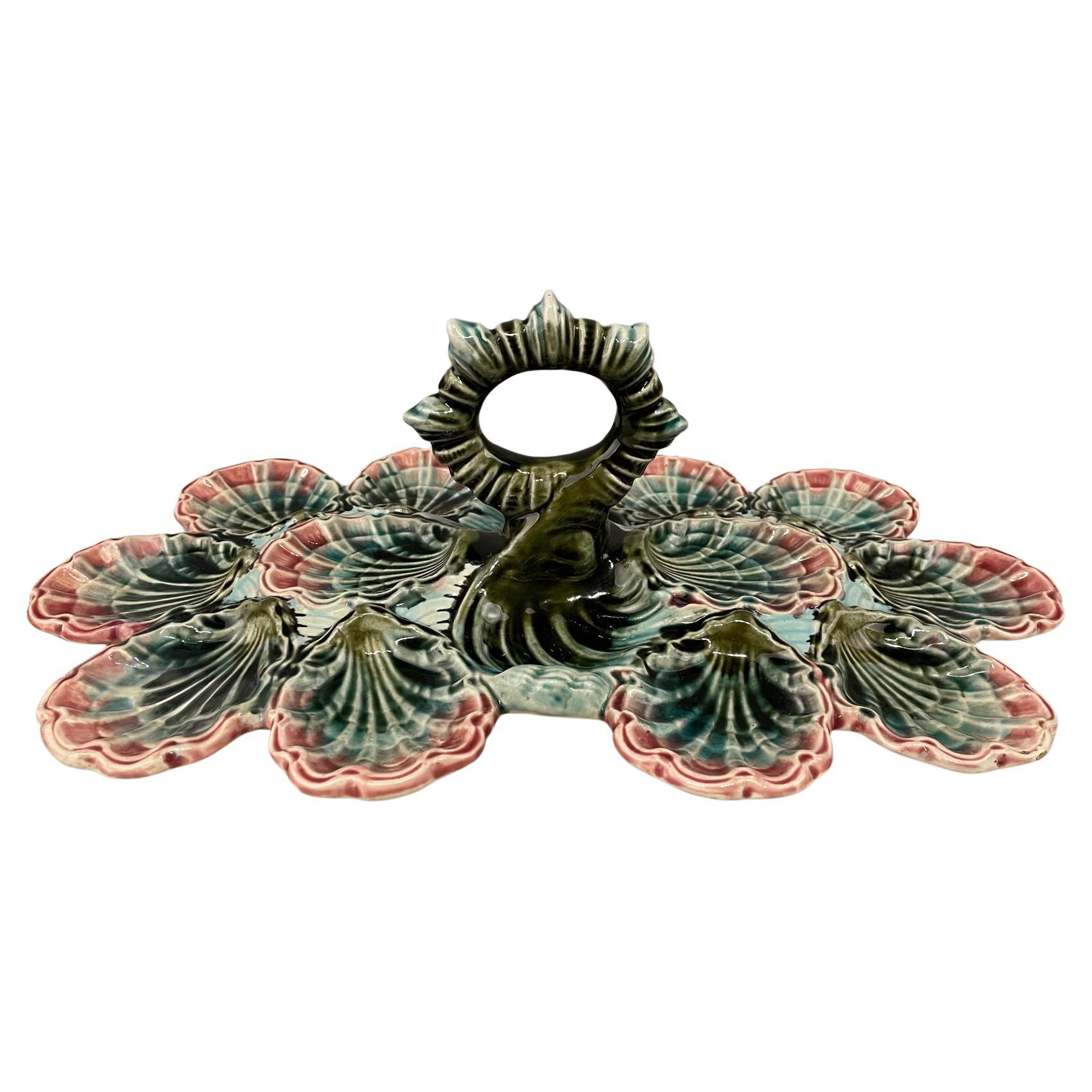 20th C. English Majolica Twelve Wells Oyster Platter For Sale