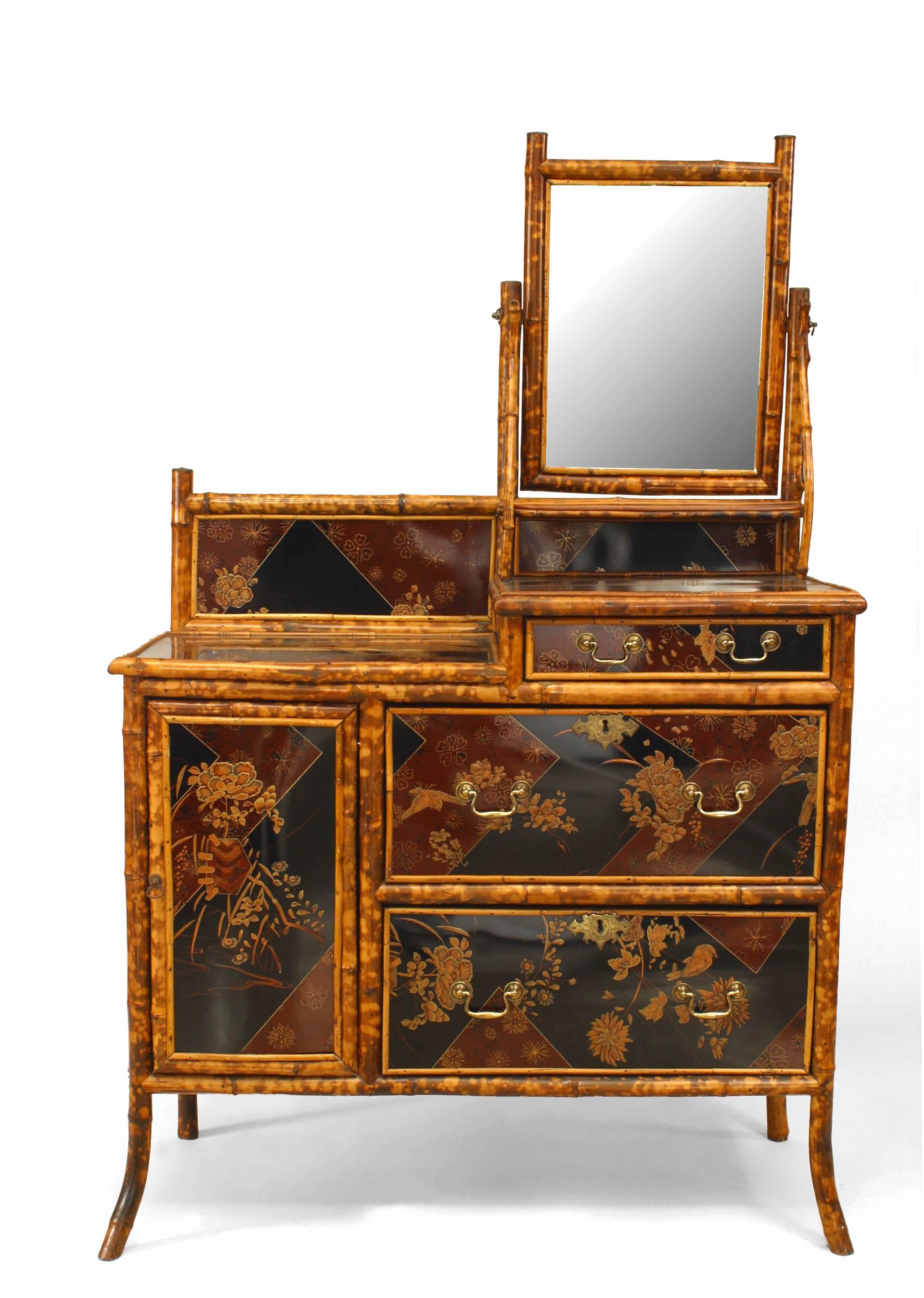 English Victorian-style (20th Century) bamboo and chinoiserie decorated lacquered paneled dresser with backrail and swivel mirror.

