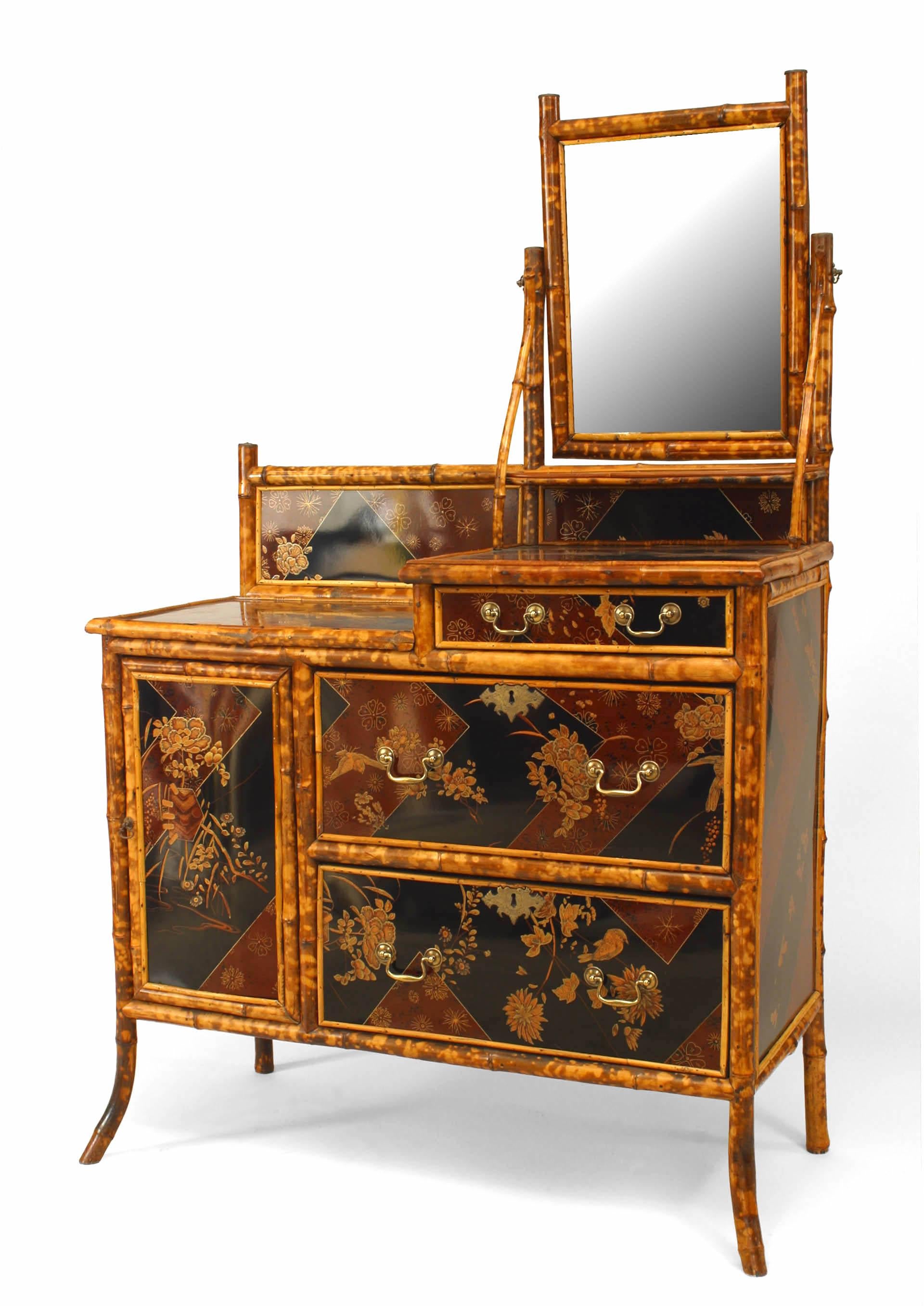 Hand-Painted English Victorian Style Bamboo & Chinoiserie Dresser