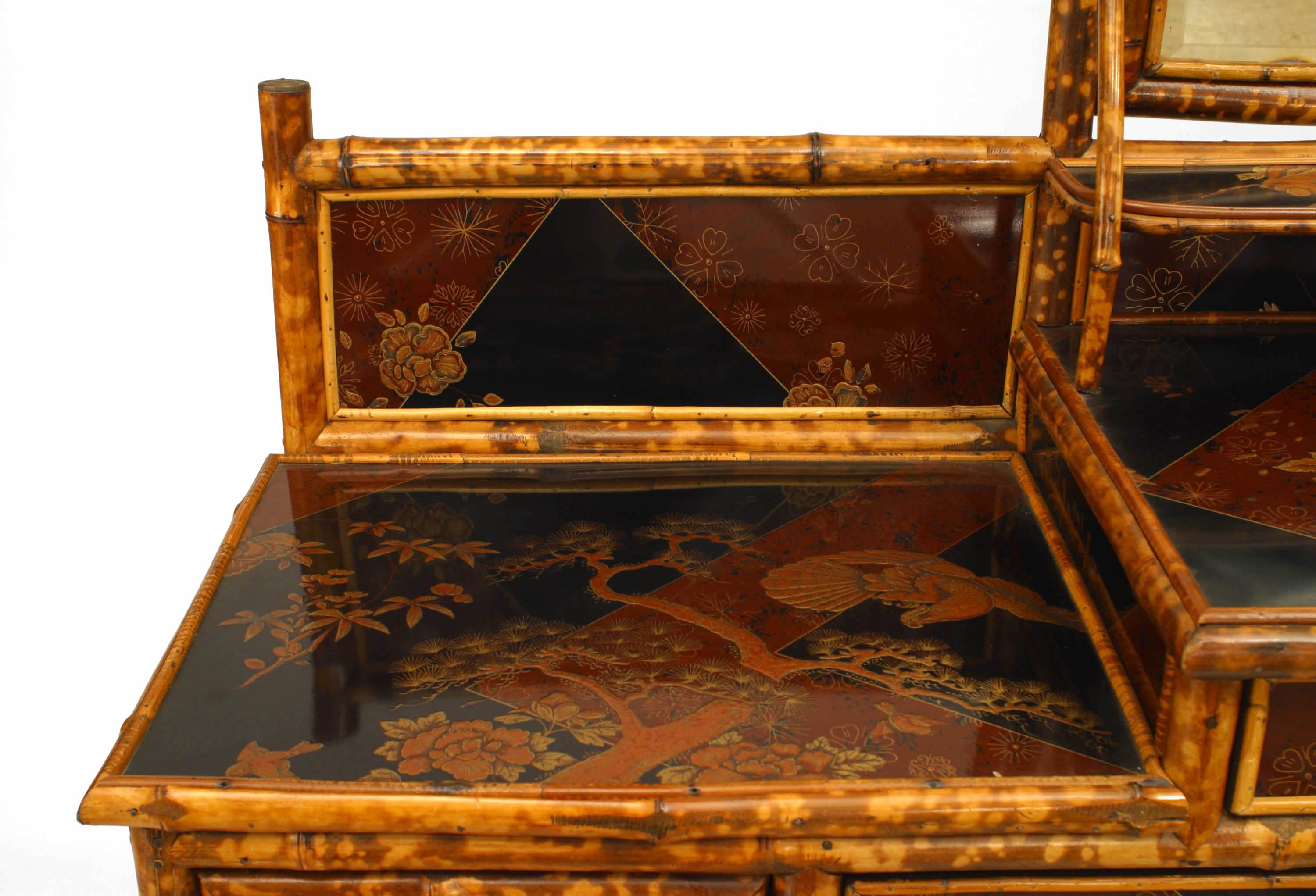 20th Century English Victorian Style Bamboo & Chinoiserie Dresser