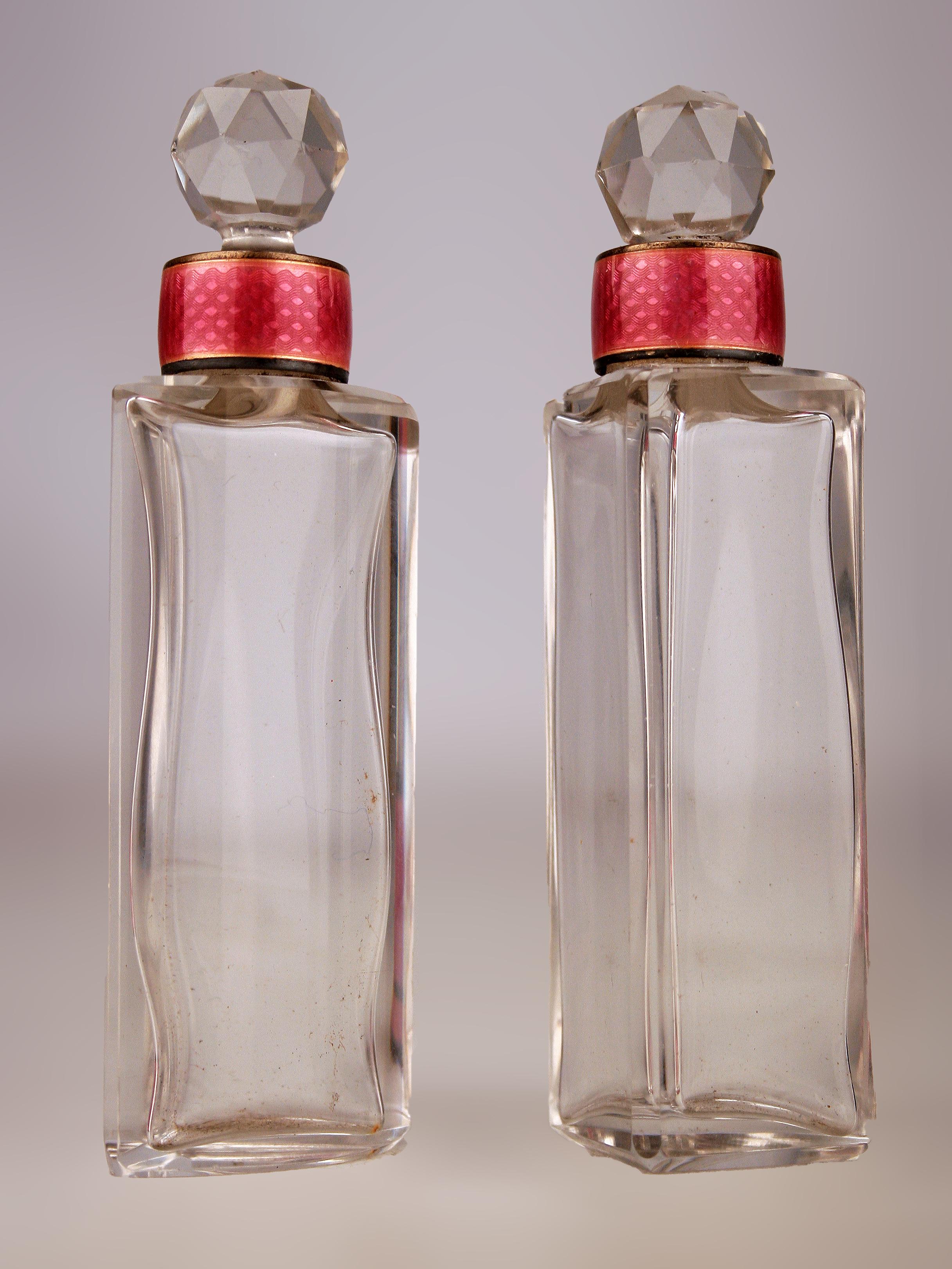 Molded 20th C. English Set of Guilloche Enamel Perfume Glass Bottles with Silver Base For Sale