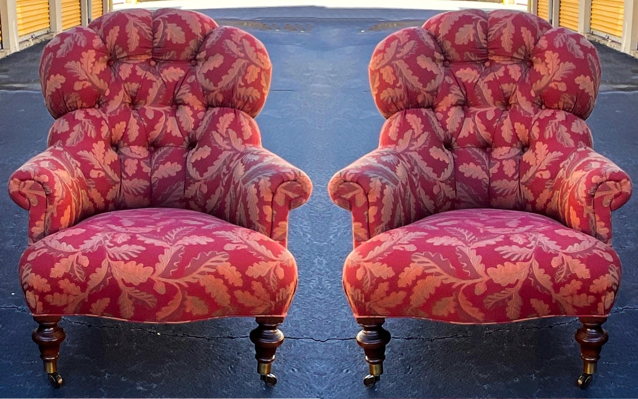 American 20th-C. English Victorian Style Tufted Club / Wing Chairs W/ Turned Feet, Pair