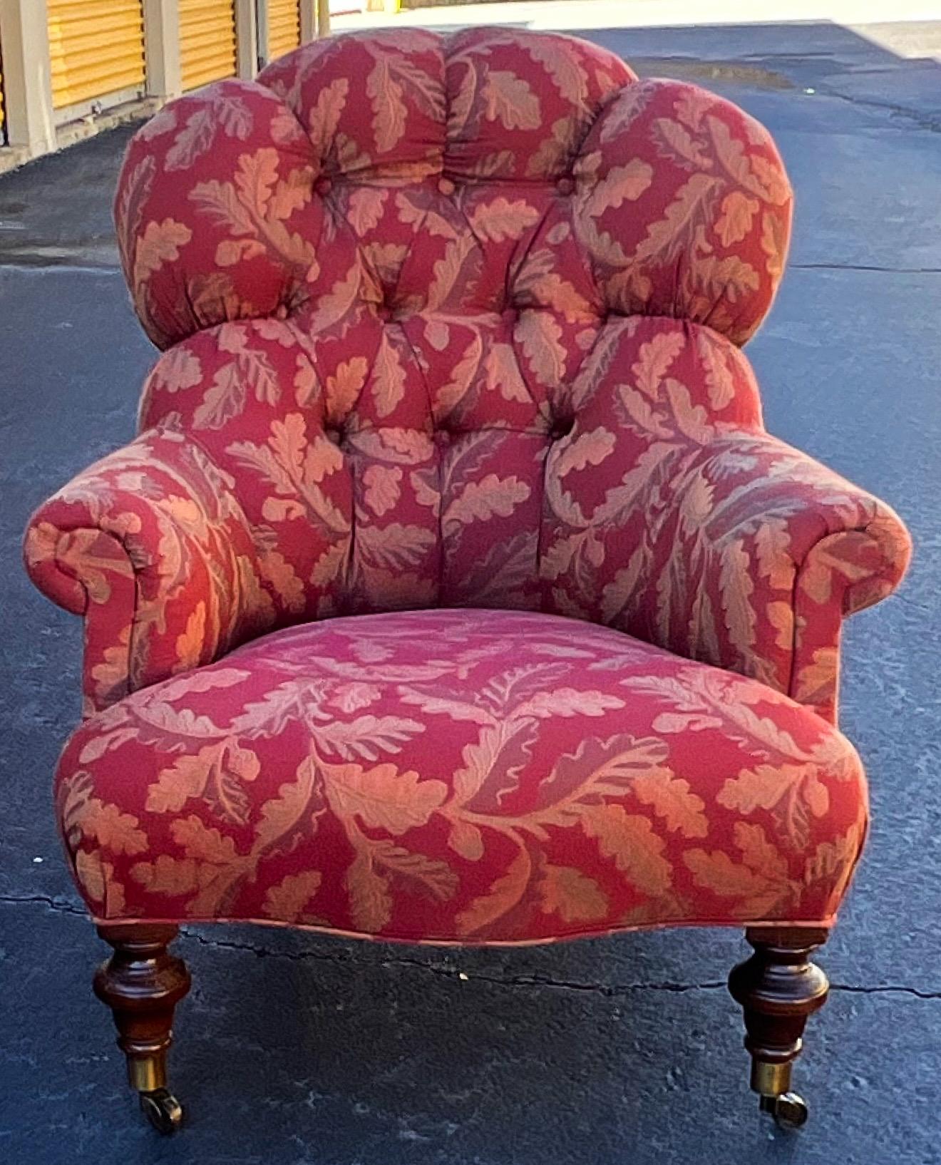 20th-C. English Victorian Style Tufted Club / Wing Chairs W/ Turned Feet, Pair In Good Condition In Kennesaw, GA