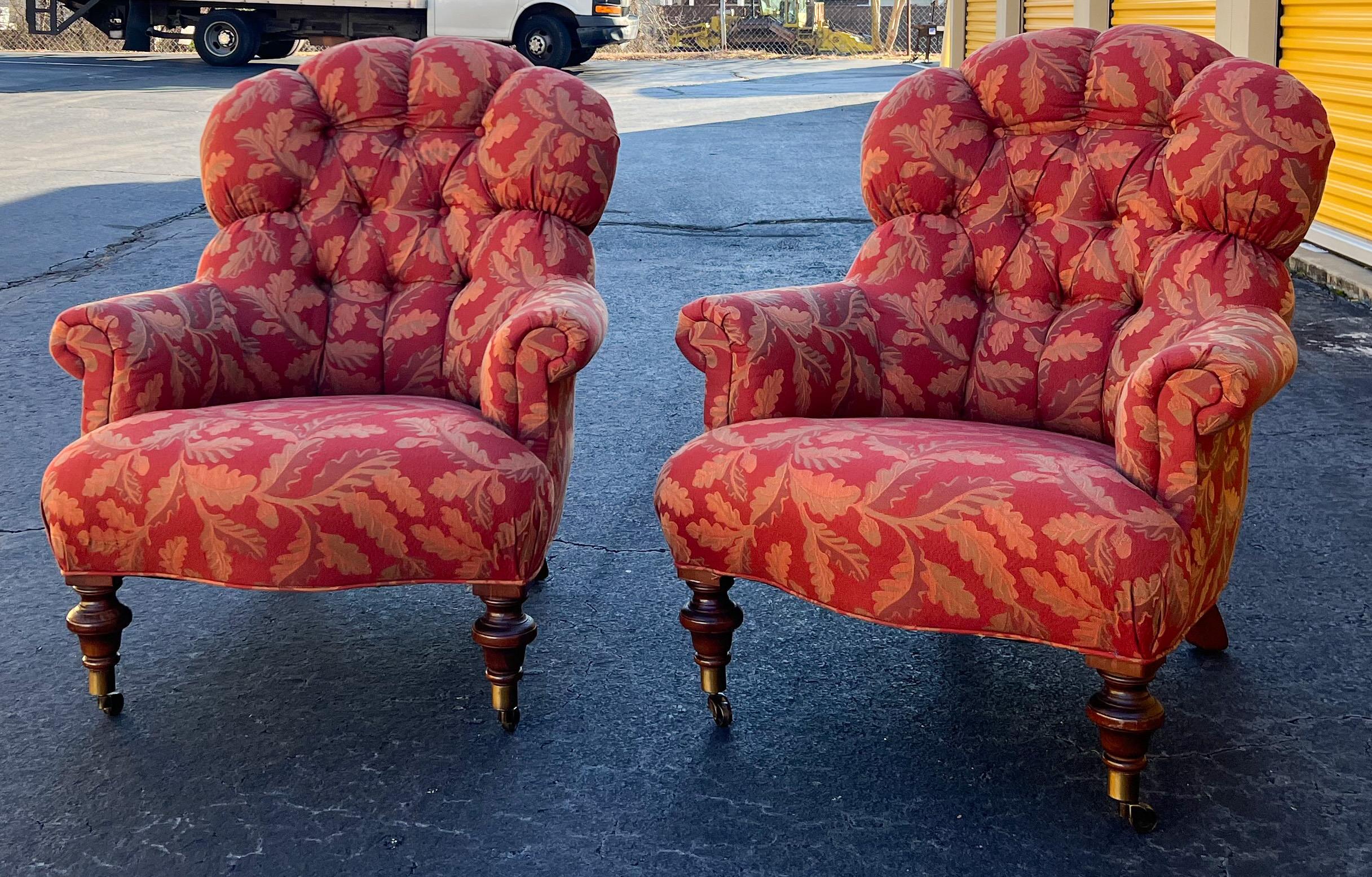 Brass 20th-C. English Victorian Style Tufted Club / Wing Chairs W/ Turned Feet, Pair