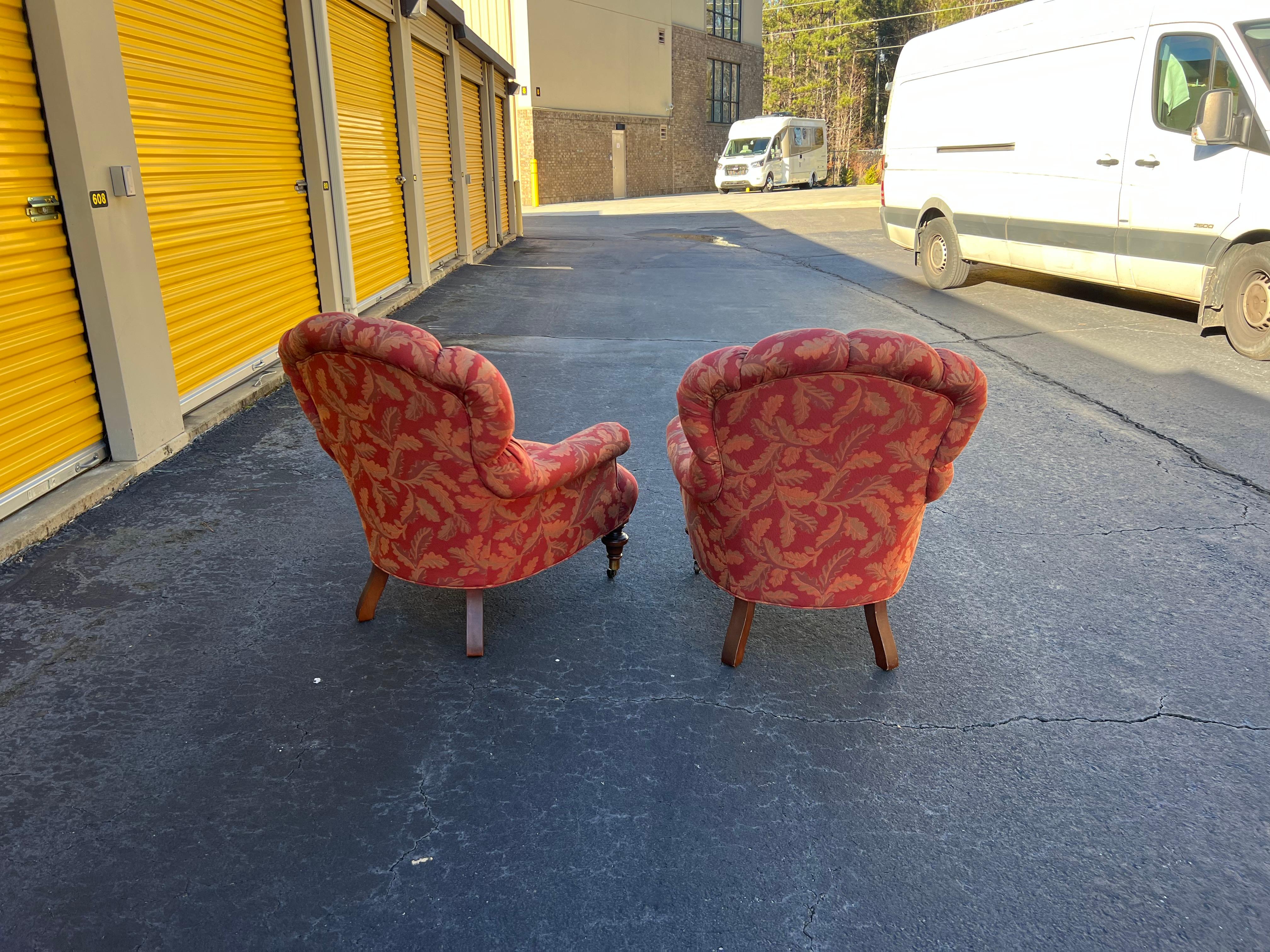 20th-C. English Victorian Style Tufted Club / Wing Chairs W/ Turned Feet, Pair 1