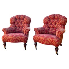 20th-C. English Victorian Style Tufted Club / Wing Chairs W/ Turned Feet, Pair