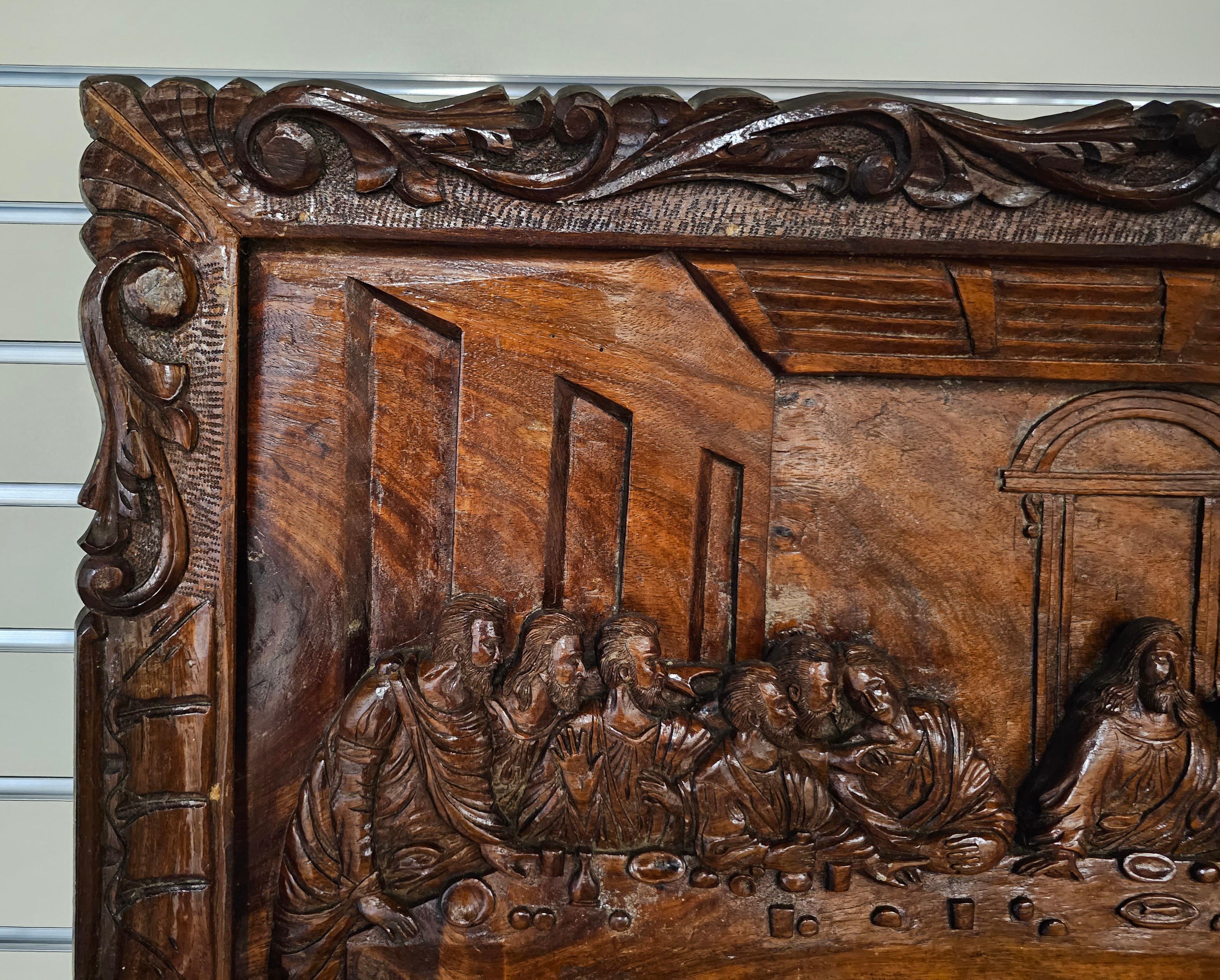 Hardwood 20th C. Exceptional Framed Hand-Carved Wood Relief of the Last Supper, Rare For Sale