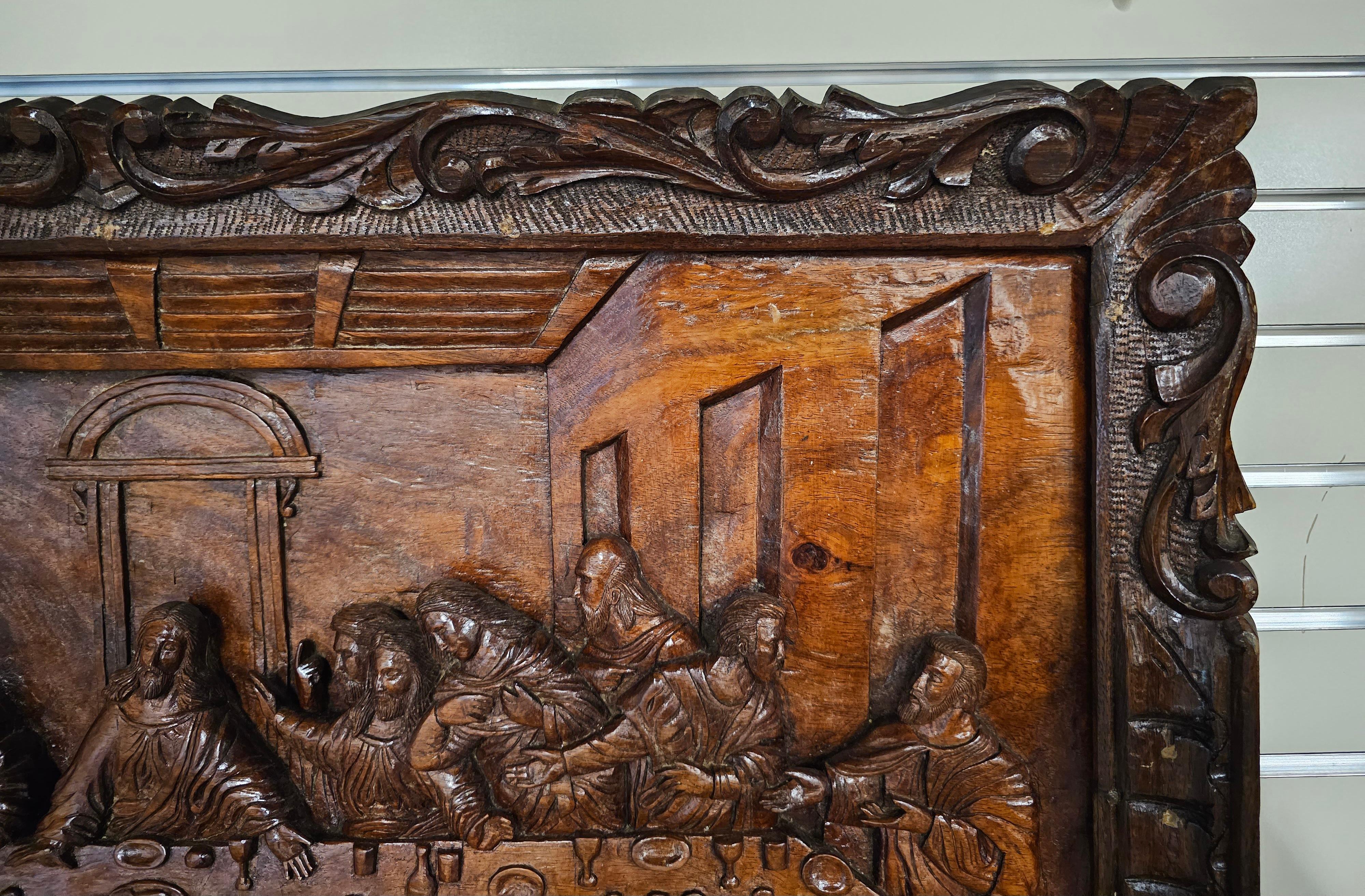 20th C. Exceptional Framed Hand-Carved Wood Relief of the Last Supper, Rare For Sale 1