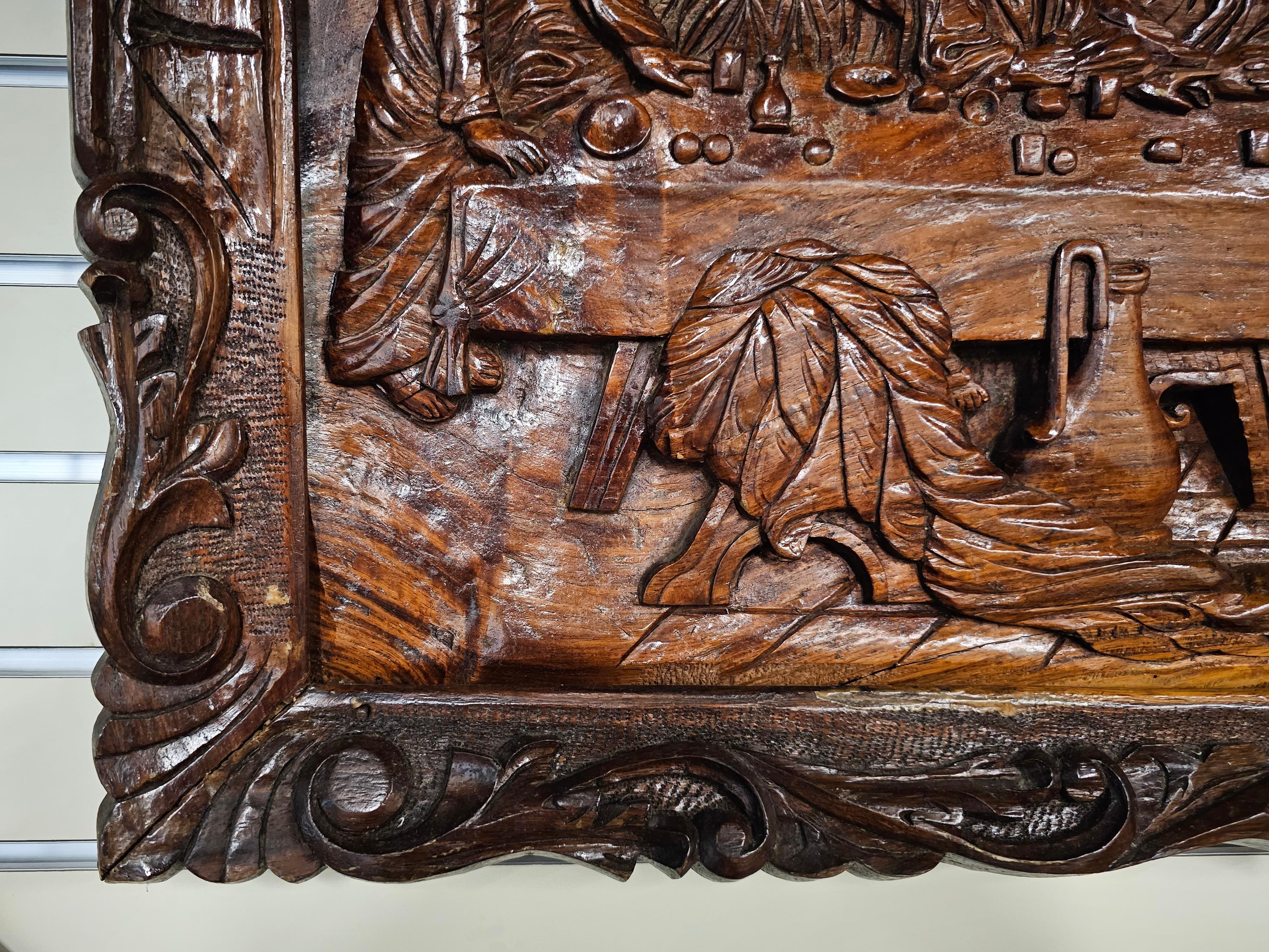 20th C. Exceptional Framed Hand-Carved Wood Relief of the Last Supper, Rare For Sale 4