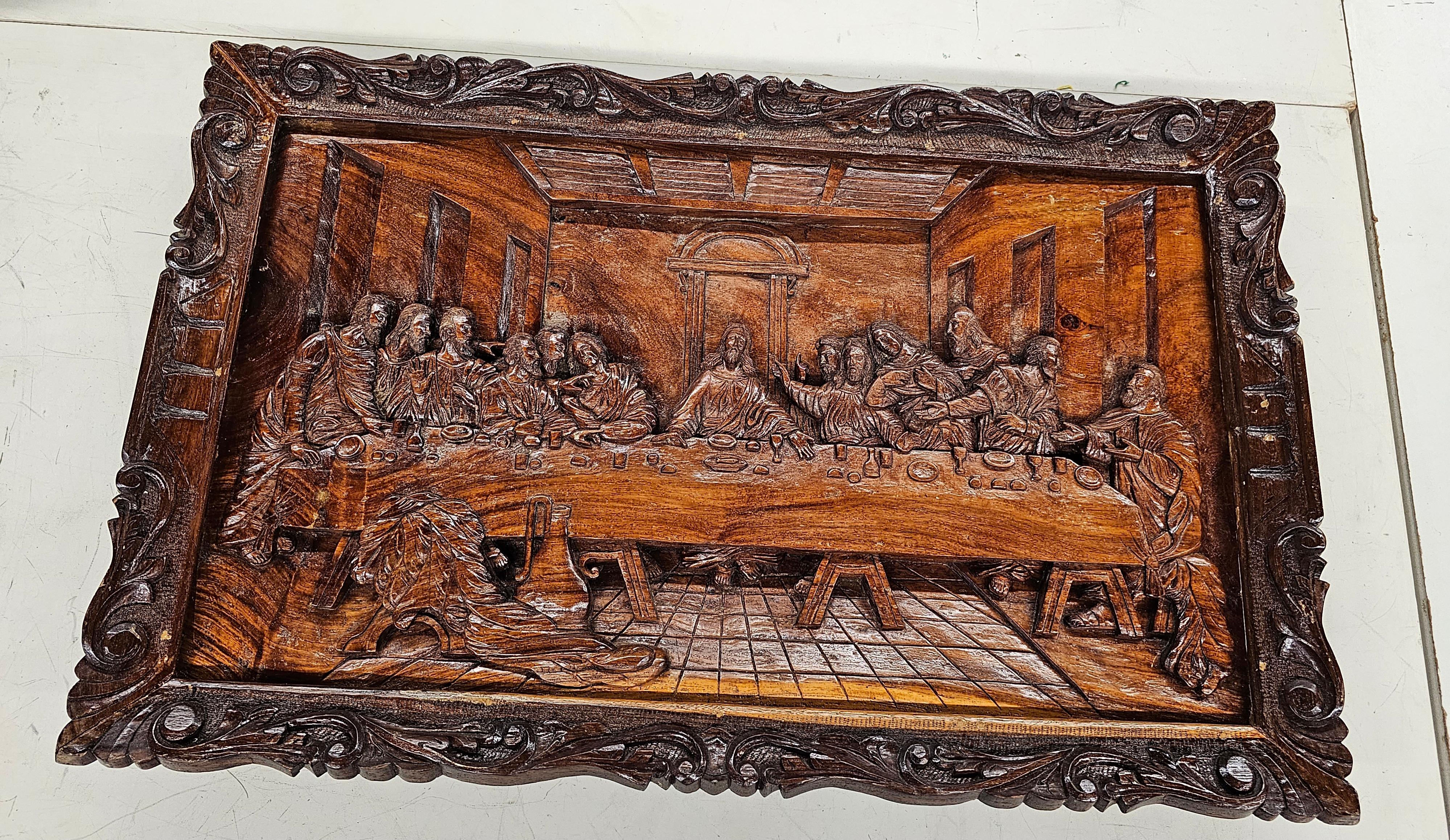 Early 20th Century Exceptional Framed Hand-Carved Wood Relief of the Last Super.
Continental tropical baroque heavy solid wood frame, carved by a master carver. The piece has elaborately carved opulent heavy foliage frame around a meticulously hand