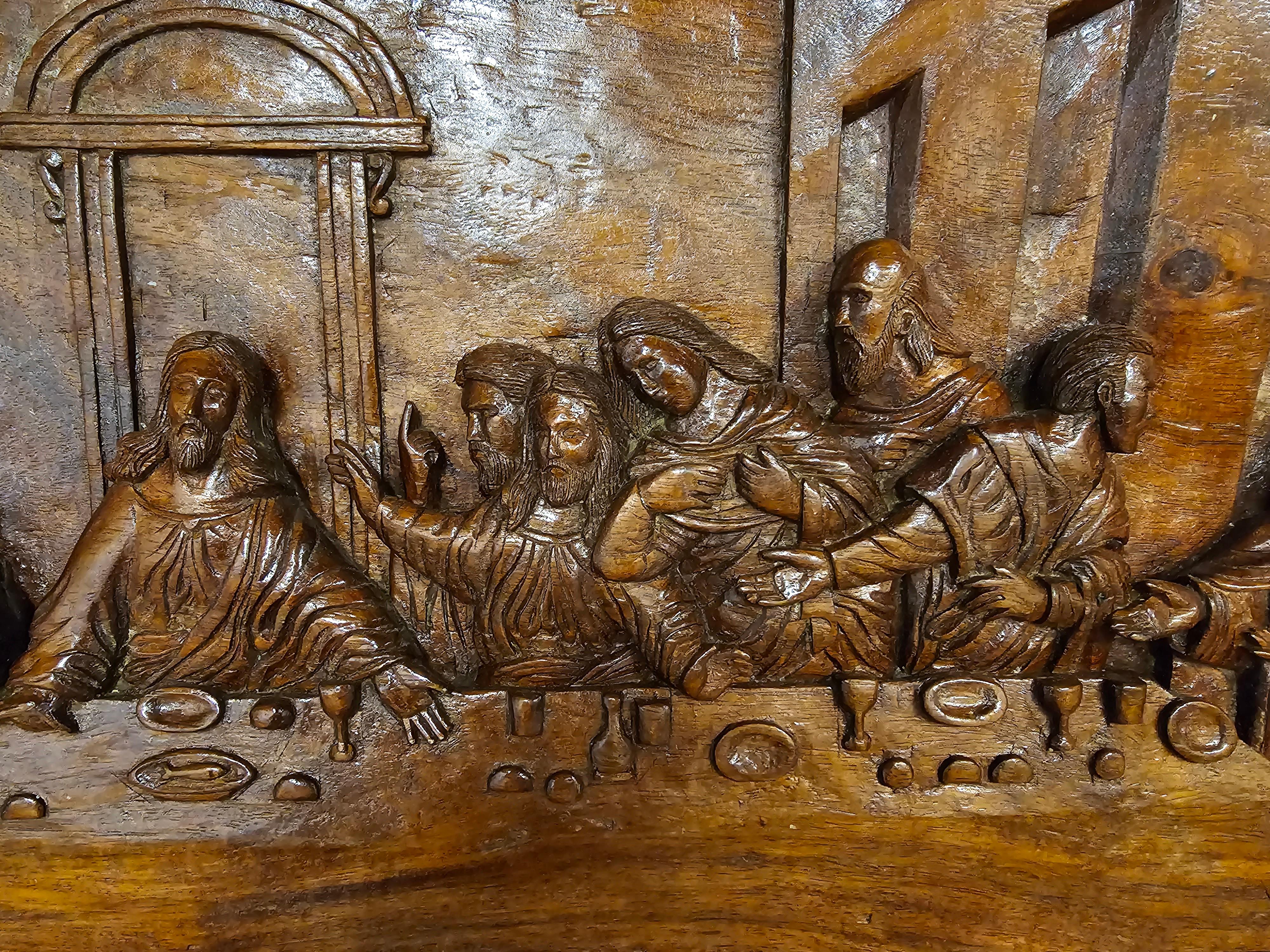 Unknown 20th C. Exceptional Framed Hand-Carved Wood Relief of the Last Supper, Rare For Sale