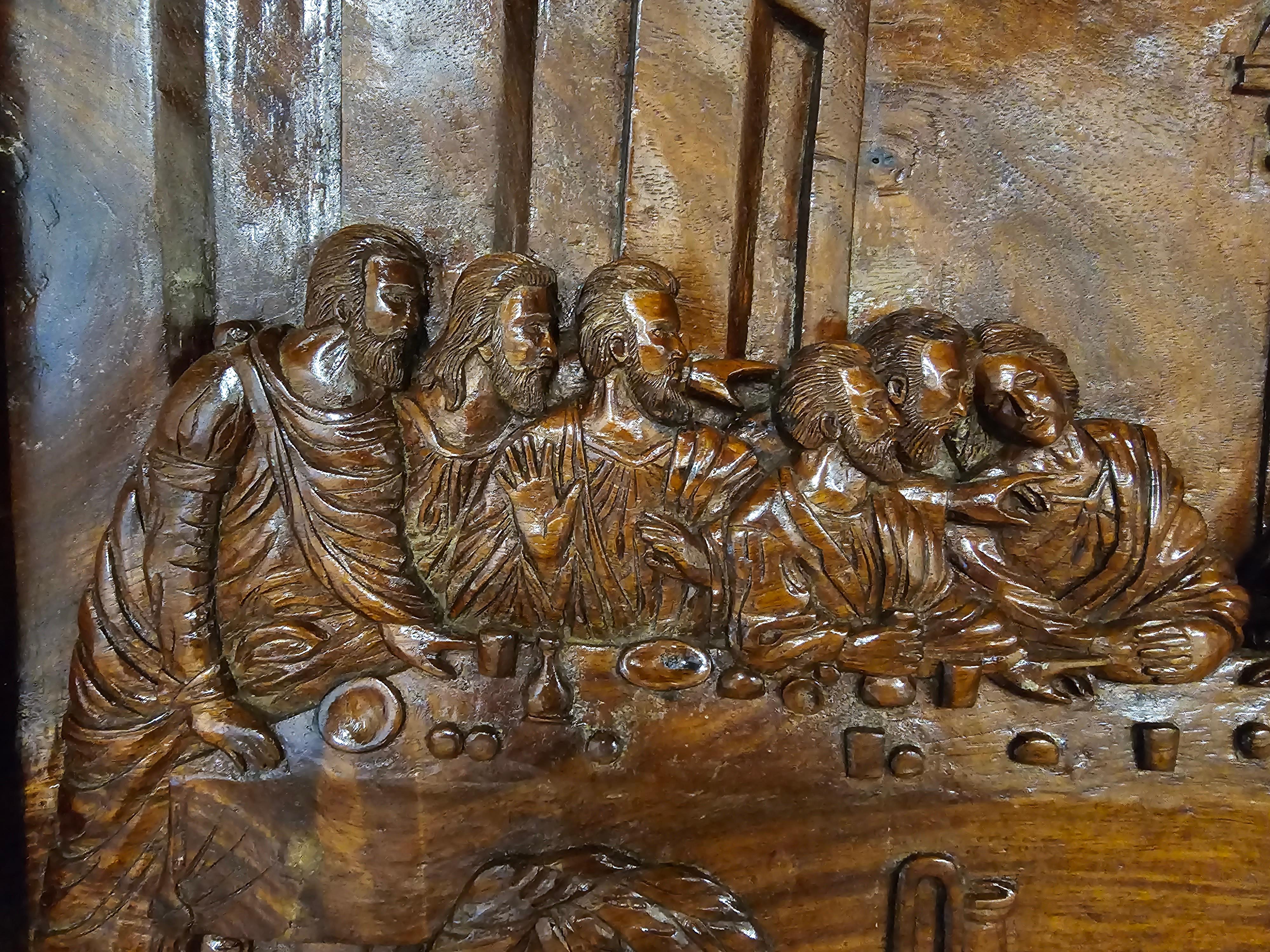 20th C. Exceptional Framed Hand-Carved Wood Relief of the Last Supper, Rare In Good Condition For Sale In Germantown, MD