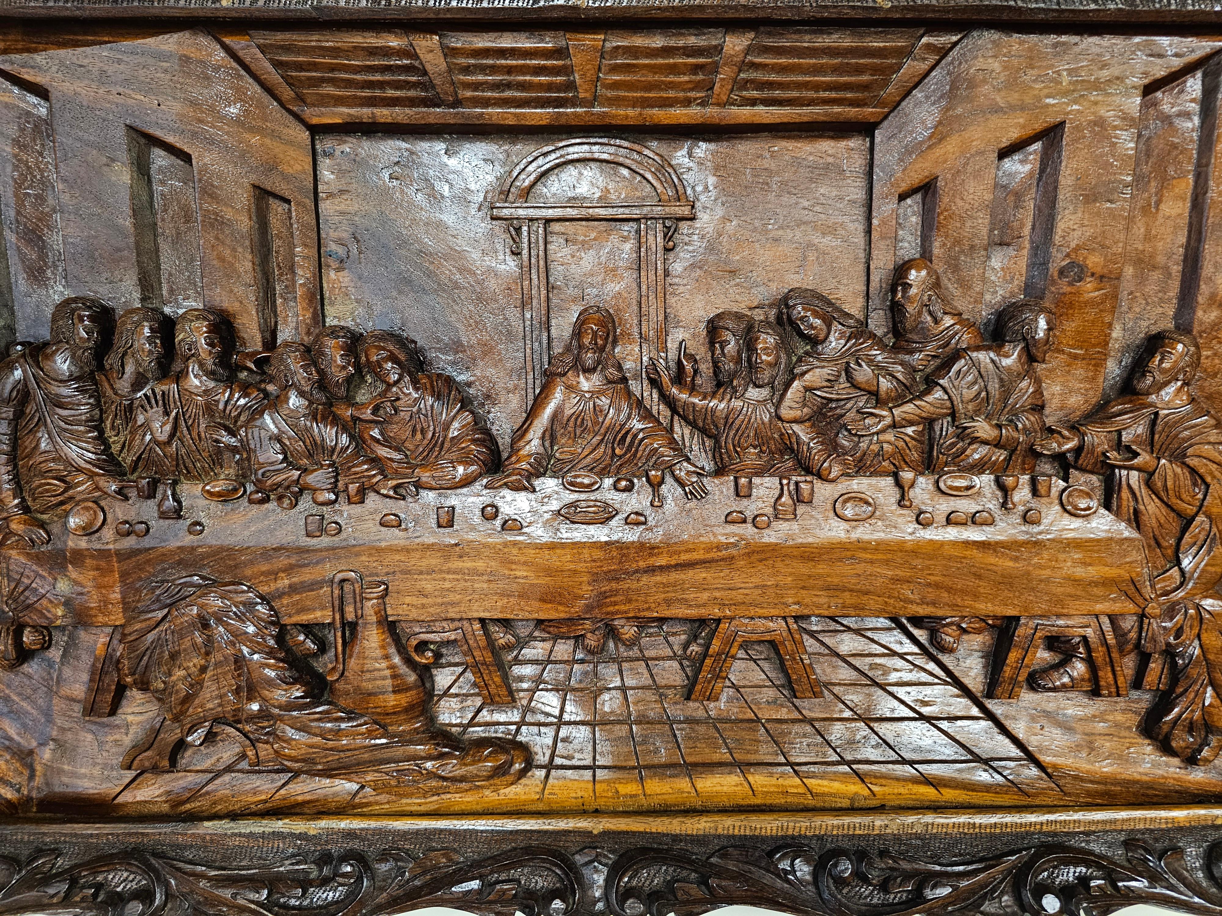 Hardwood 20th C. Exceptional Framed Hand-Carved Wood Relief of the Last Supper, Rare For Sale