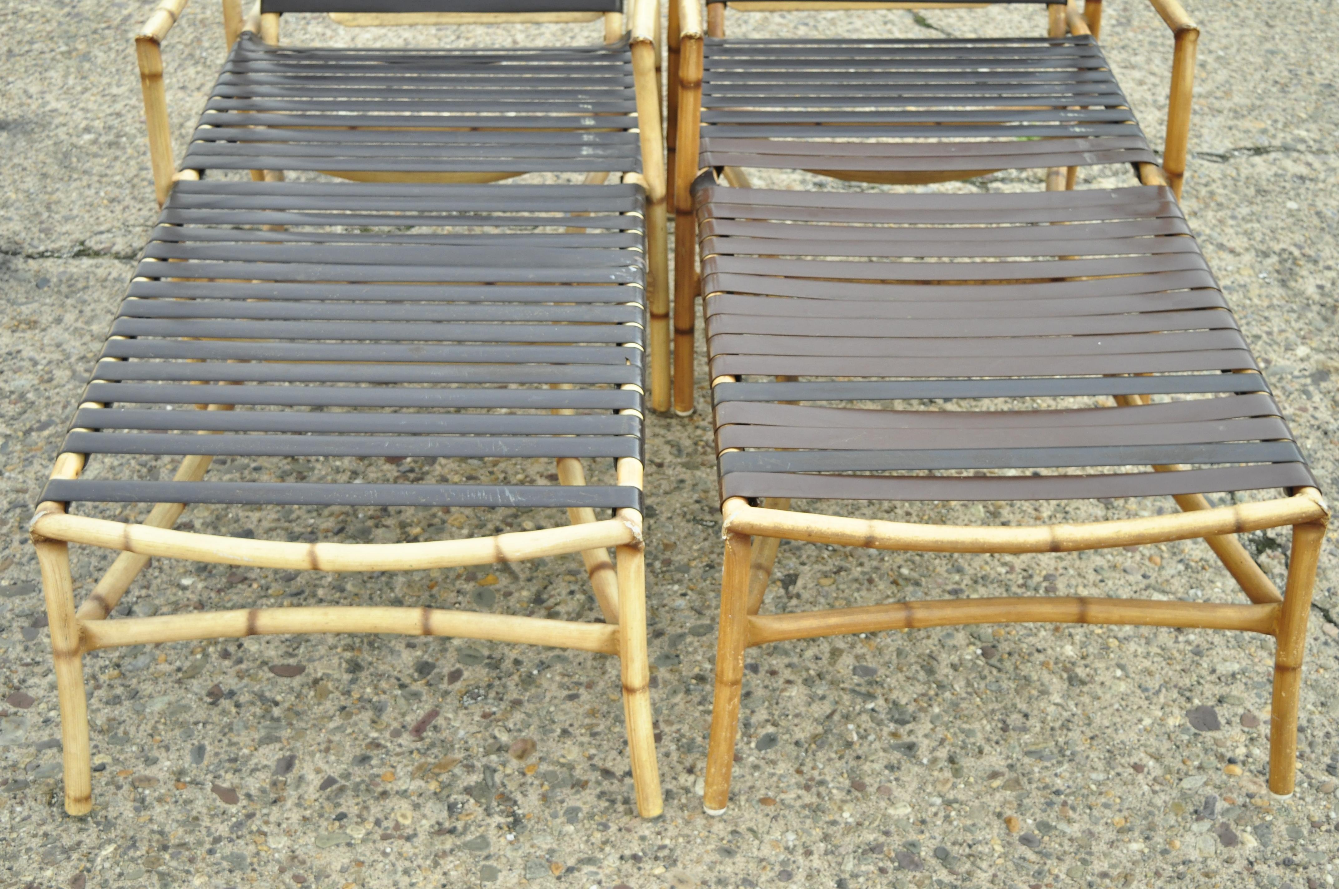 Hollywood Regency Faux Bamboo Chinese Chippendale Aluminum Vinyl Strap Patio Lounge Chairs