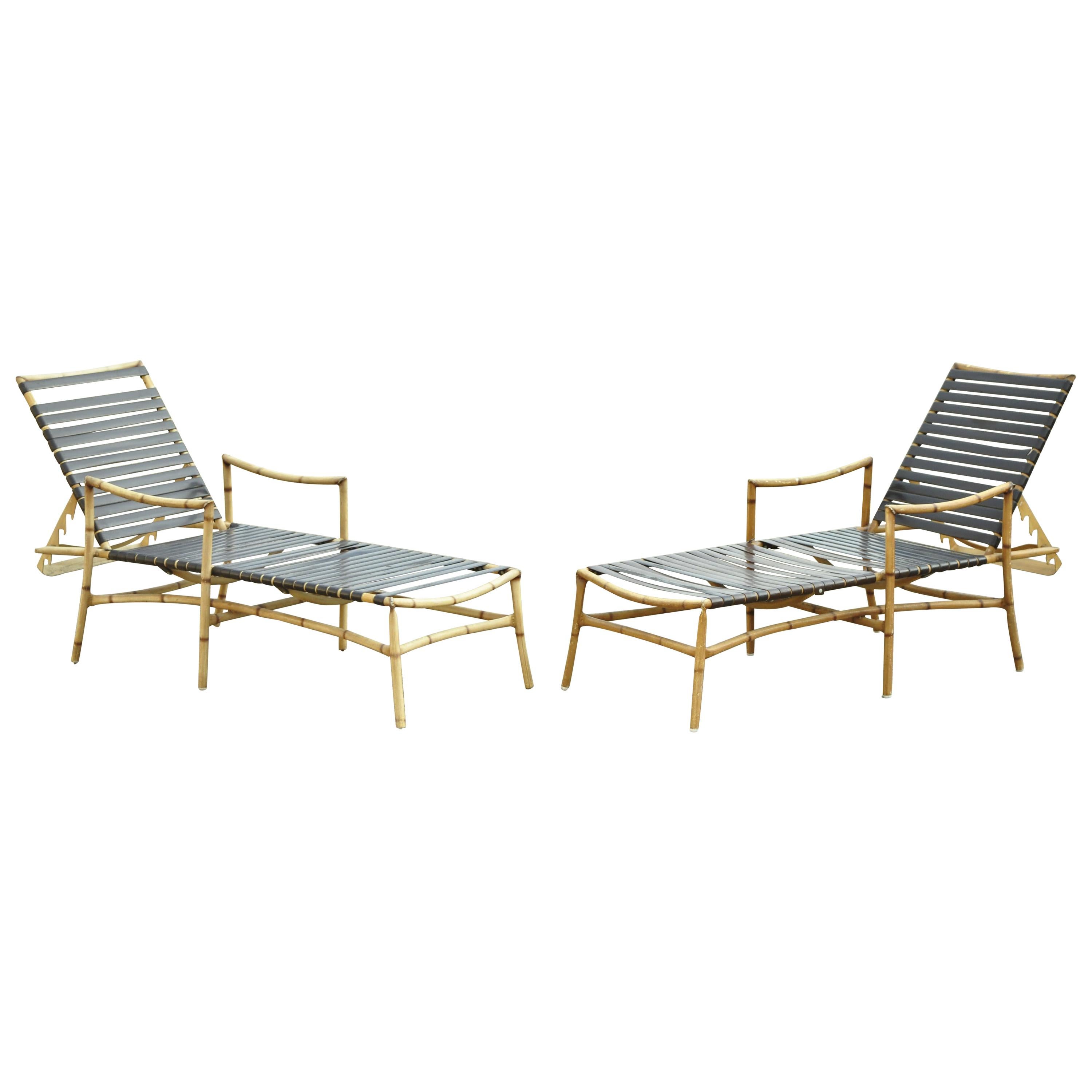 Faux Bamboo Chinese Chippendale Aluminum Vinyl Strap Patio Lounge Chairs