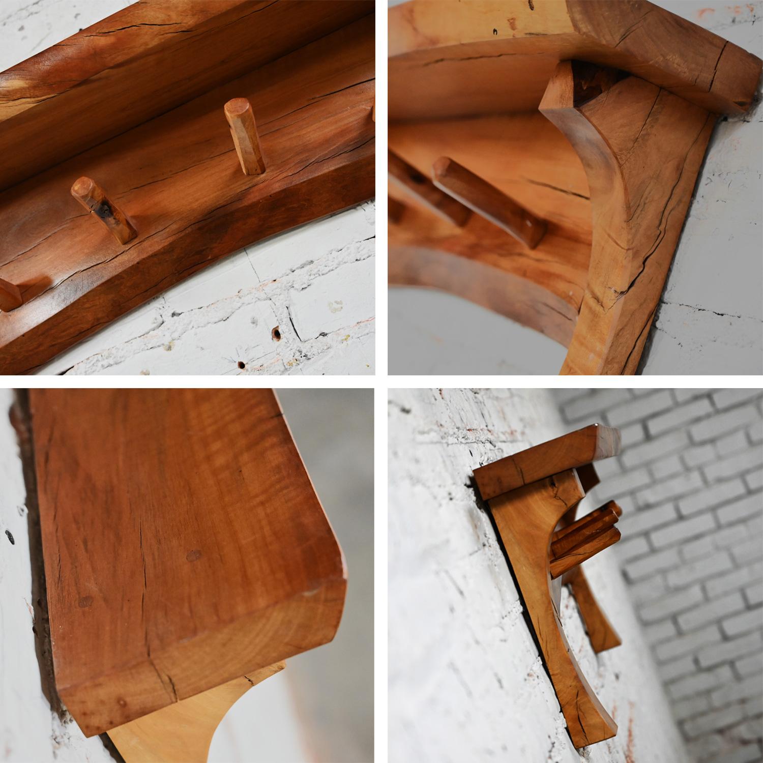 20th C Folk Art Organic Modern Rustic Natural Edge Wood Slab Wall Shelf w/ Pegs For Sale 7