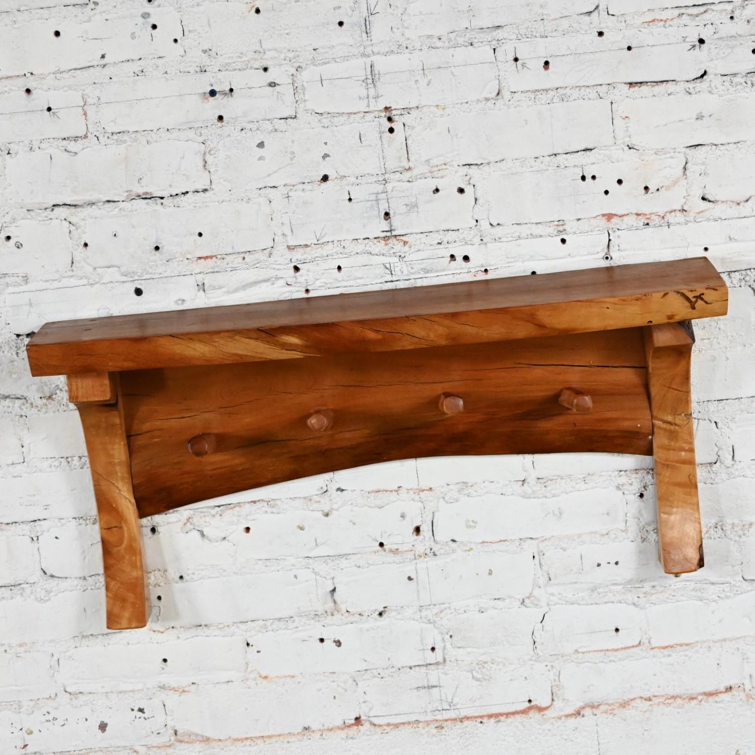 20th C Folk Art Organic Modern Rustic Natural Edge Wood Slab Wall Shelf w/ Pegs For Sale 8
