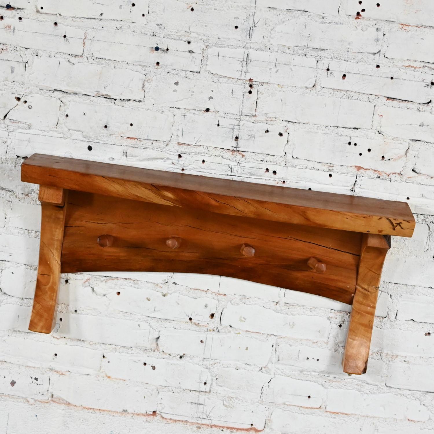 20th C Folk Art Organic Modern Rustic Natural Edge Wood Slab Wall Shelf w/ Pegs For Sale 9