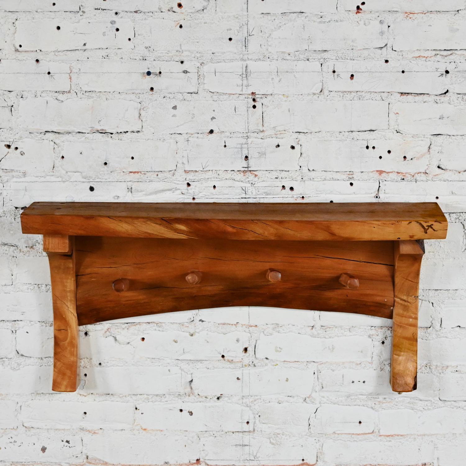 20th C Folk Art Organic Modern Rustic Natural Edge Wood Slab Wall Shelf w/ Pegs For Sale 10