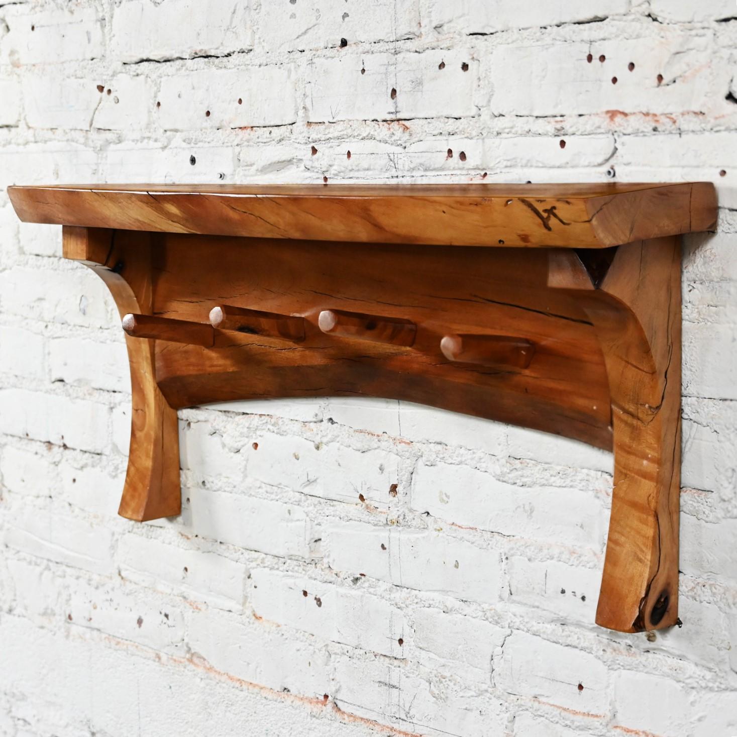20th C Folk Art Organic Modern Rustic Natural Edge Wood Slab Wall Shelf w/ Pegs For Sale 11