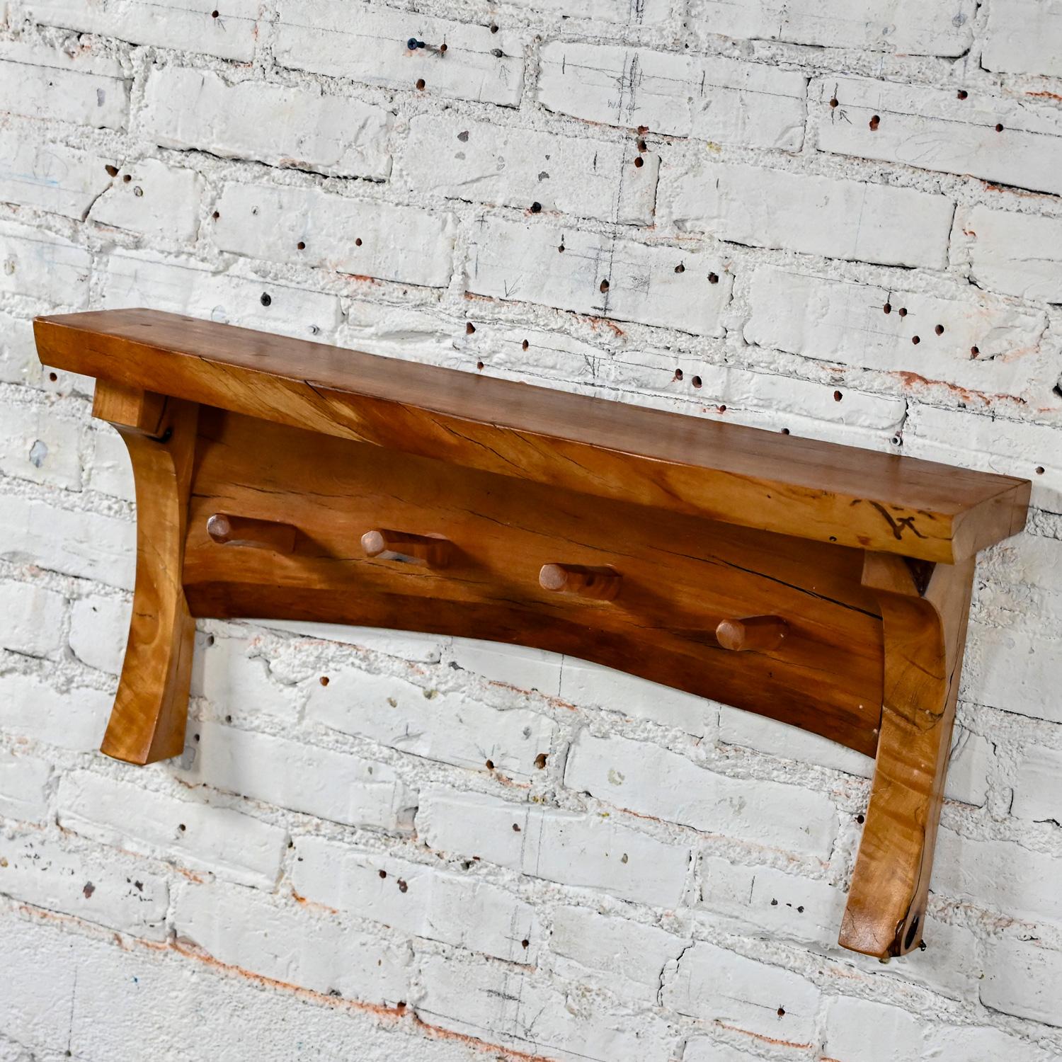20th C Folk Art Organic Modern Rustic Natural Edge Wood Slab Wall Shelf w/ Pegs For Sale 12