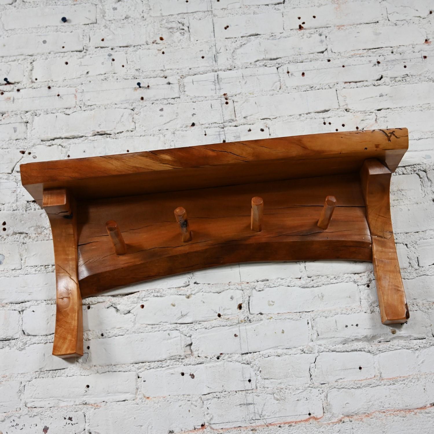 20th Century 20th C Folk Art Organic Modern Rustic Natural Edge Wood Slab Wall Shelf w/ Pegs For Sale