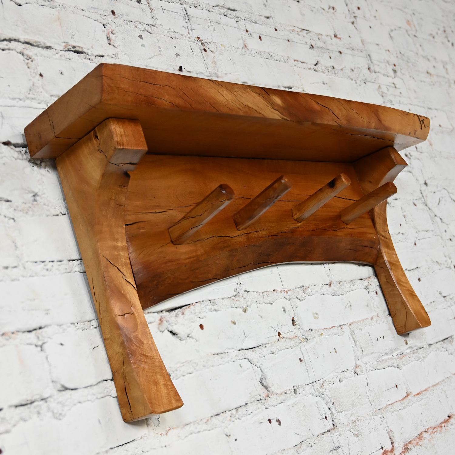 20th C Folk Art Organic Modern Rustic Natural Edge Wood Slab Wall Shelf w/ Pegs For Sale 2