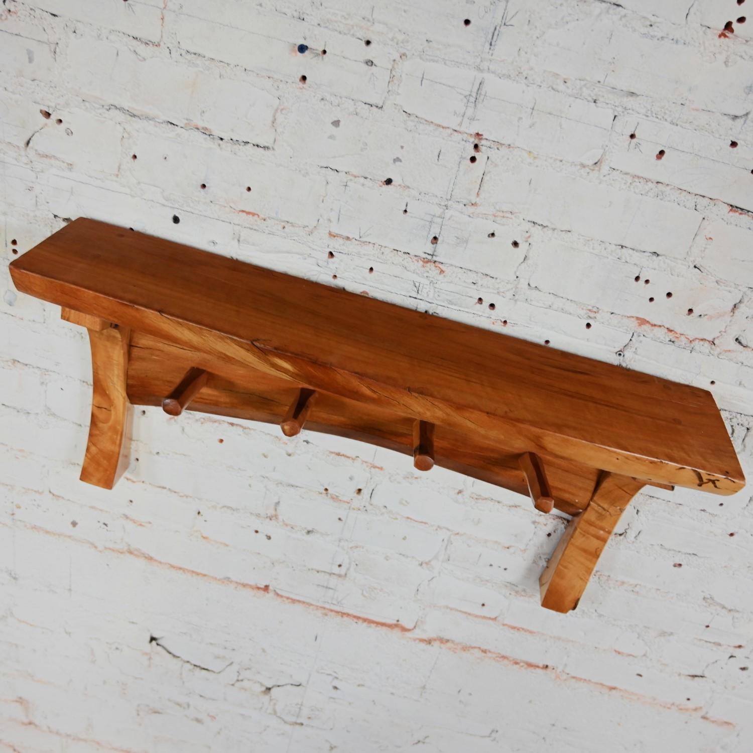 20th C Folk Art Organic Modern Rustic Natural Edge Wood Slab Wall Shelf w/ Pegs For Sale 4