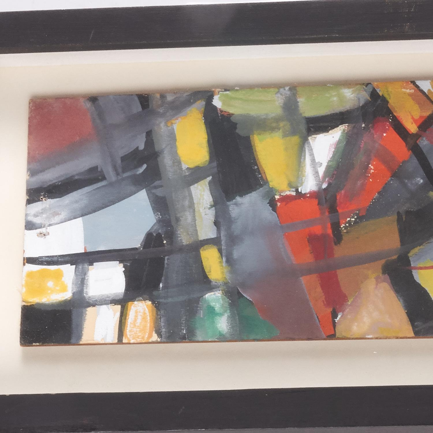 Moderne Schule (20. Jh.),  ein abstraktes Werk, Gouache auf Karton, keine Signatur sichtbar. Es handelt sich um ein abstraktes Gemälde, das sich durch ein Mosaik aus bunten geometrischen Formen auszeichnet. Die Komposition ist dynamisch, mit sich